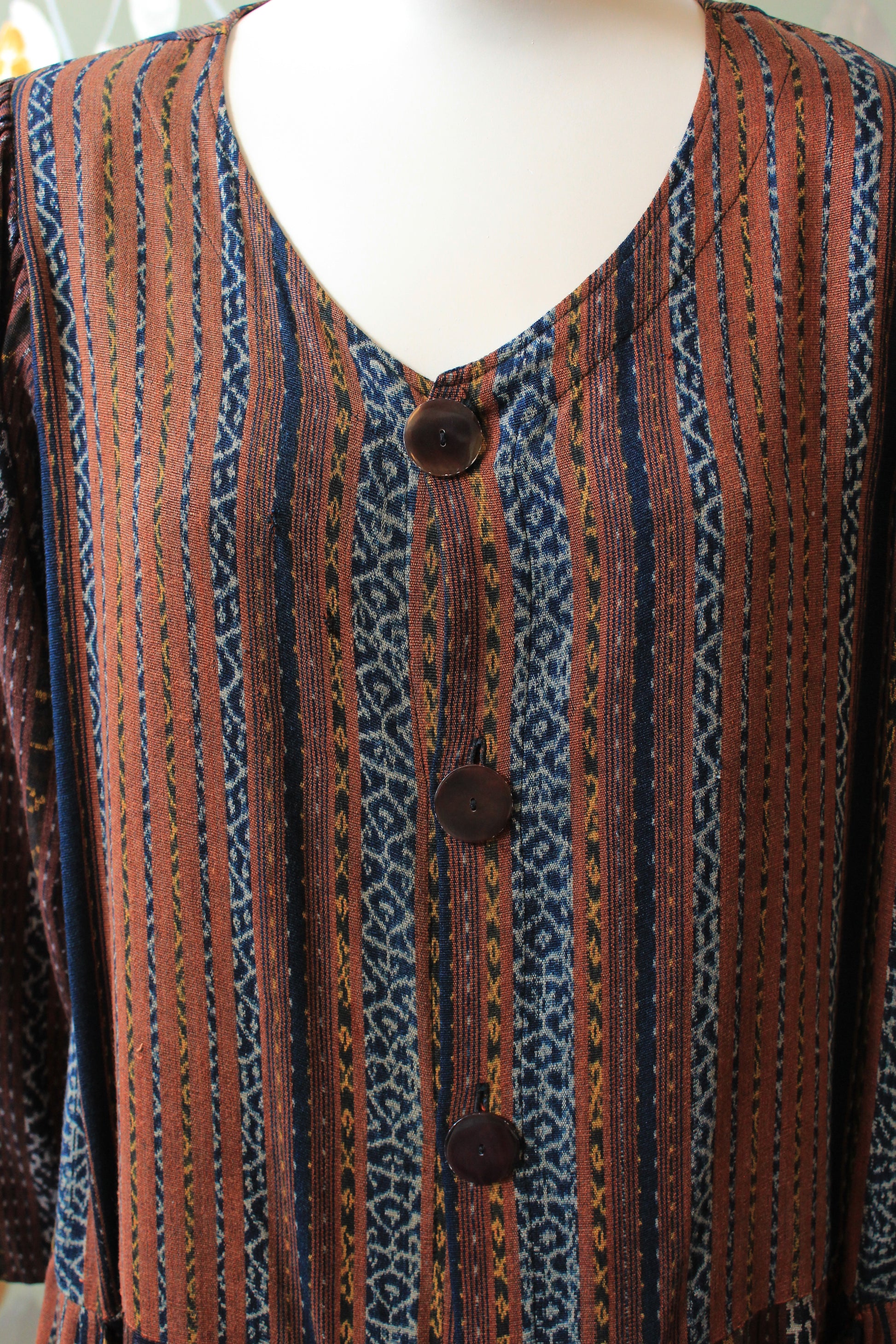 1990s Koochee Pattered Stripe Dress with Button Front, Small/Medium