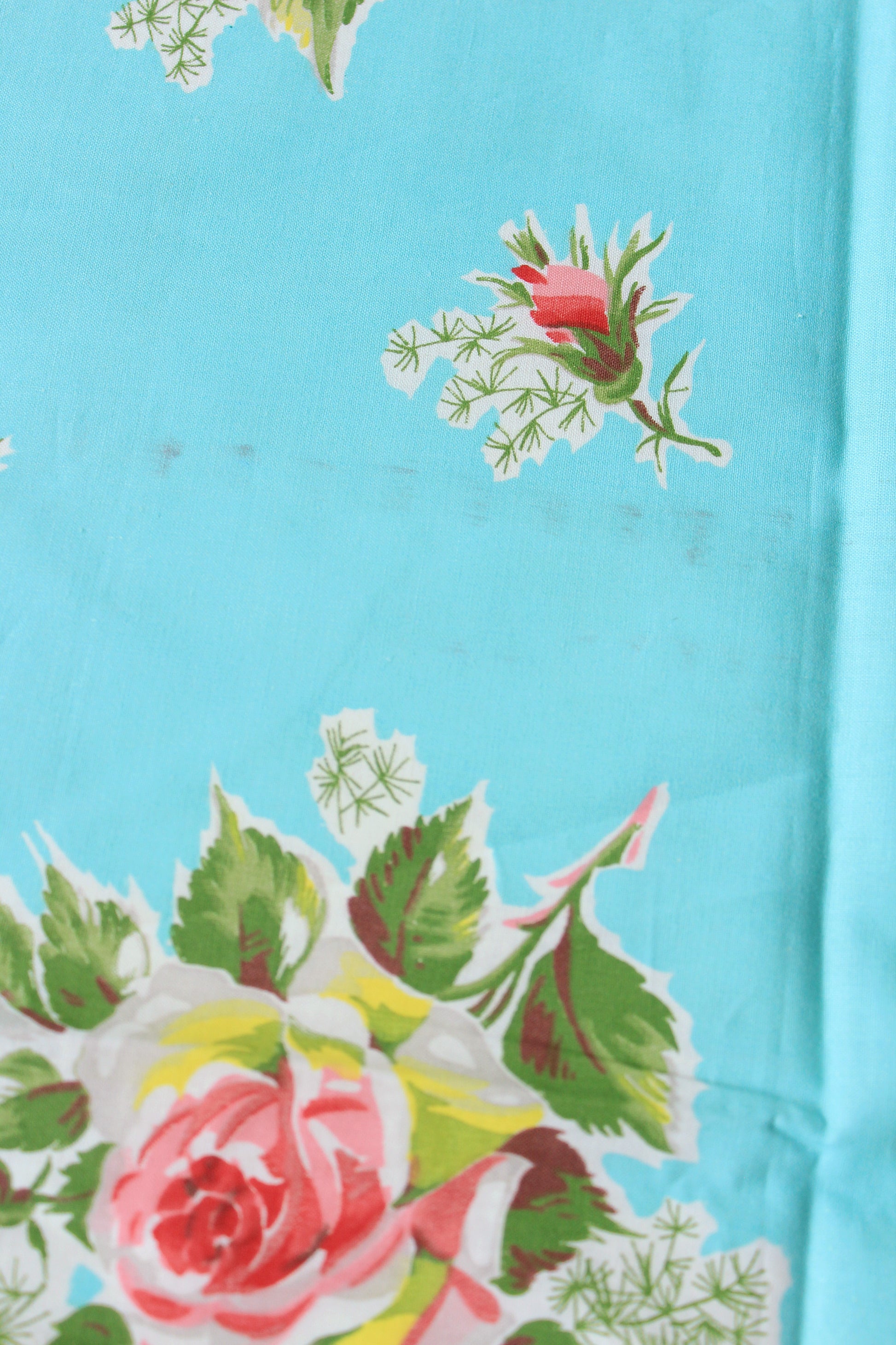 1950s Bright Blue And Romantic Illustrated Floral Cotton Fabric, 3.9 Yards
