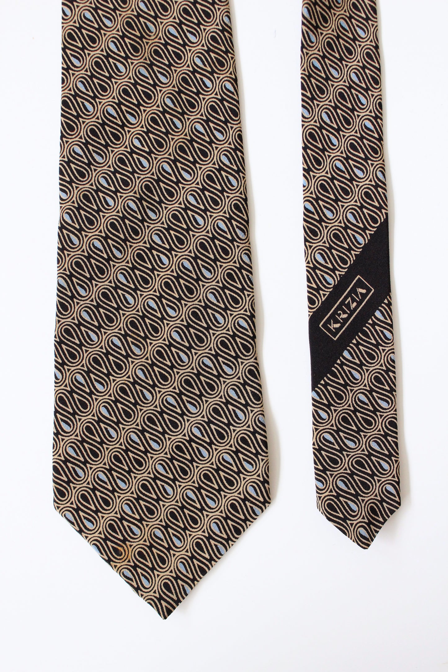 1990s Krizia Beige/Black/Blue Swirl Pattern Silk Designer Tie
