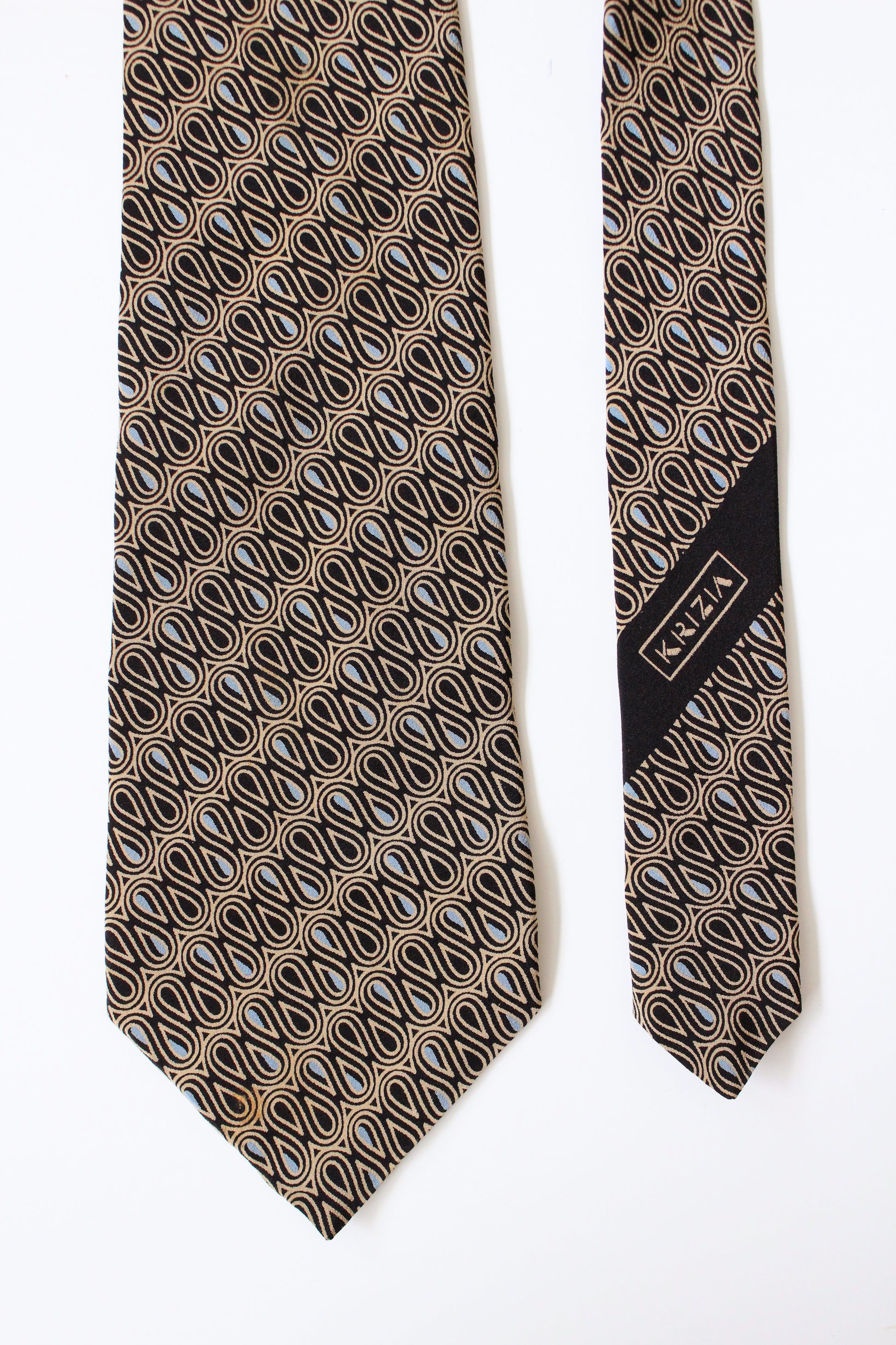 1990s Krizia Beige/Black/Blue Swirl Pattern Silk Designer Tie