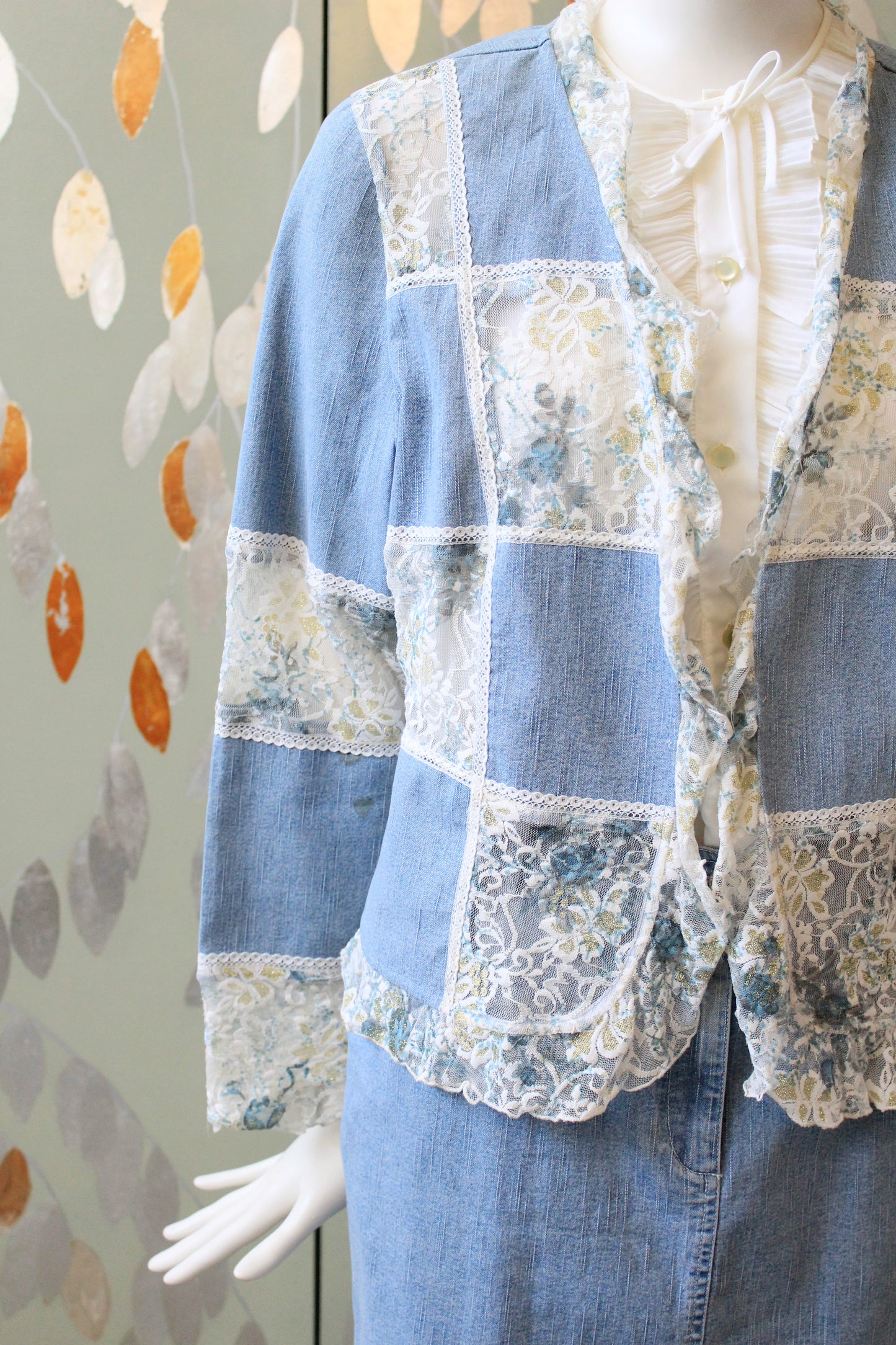 Early 2000s Denim and White Lace Skirt Matching Set, Medium 