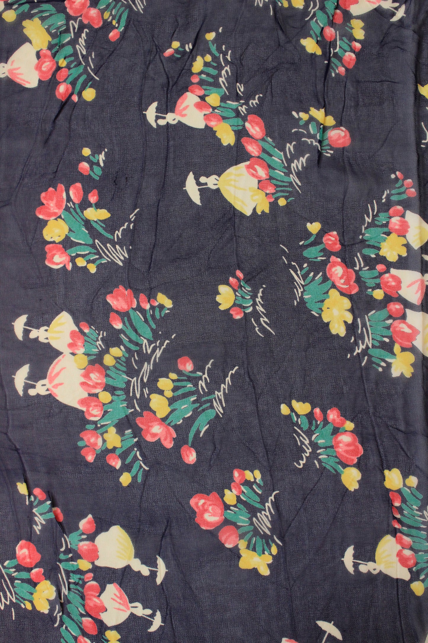 1940s Blue Sheer Fabric With Tulips And Victorian Ladies, Rayon Fabric, 3.8 Yards