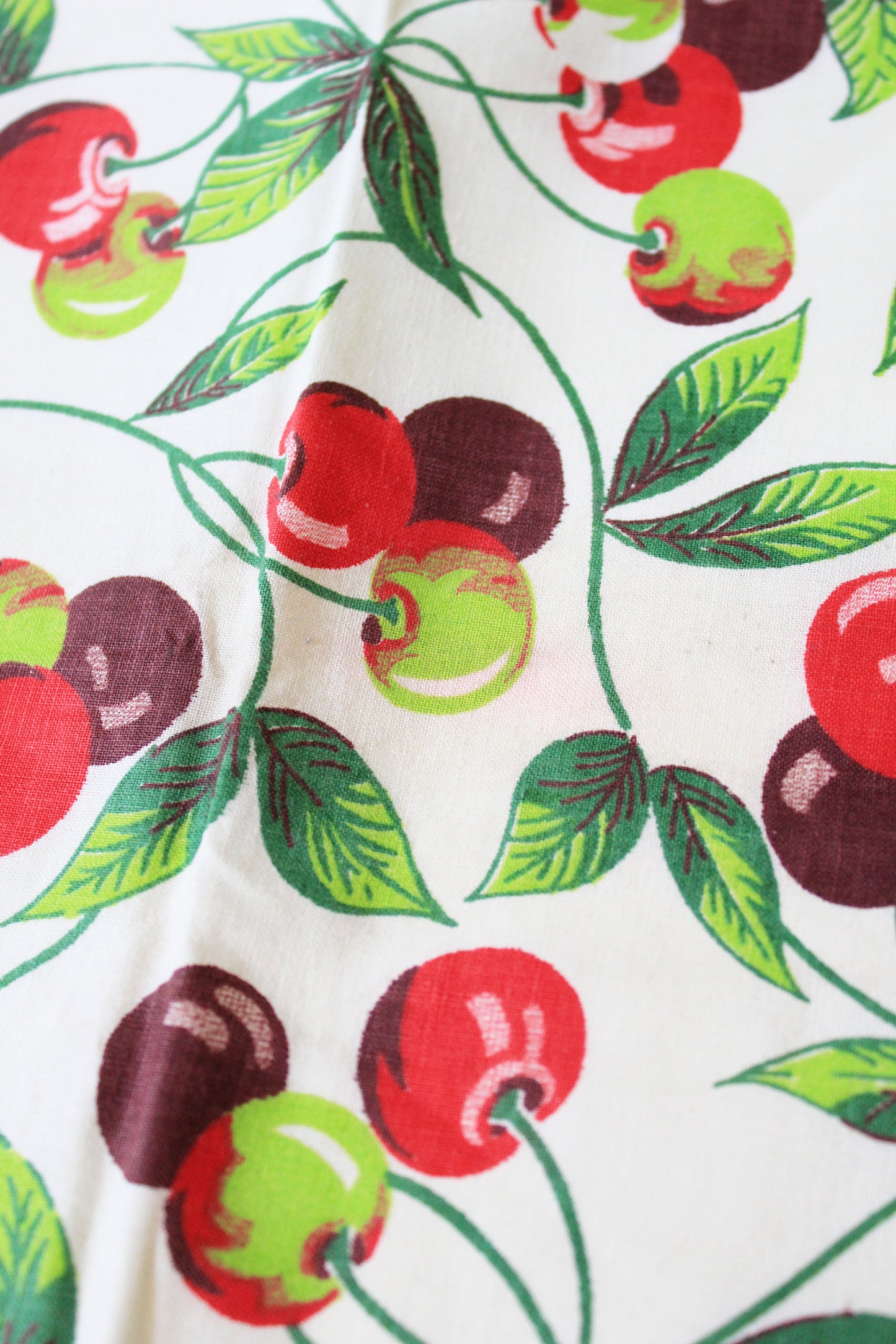 1950s Novelty Red And Burgundy Cherry Fruit Print Cotton Vintage Fabric, 5.1 Yards
