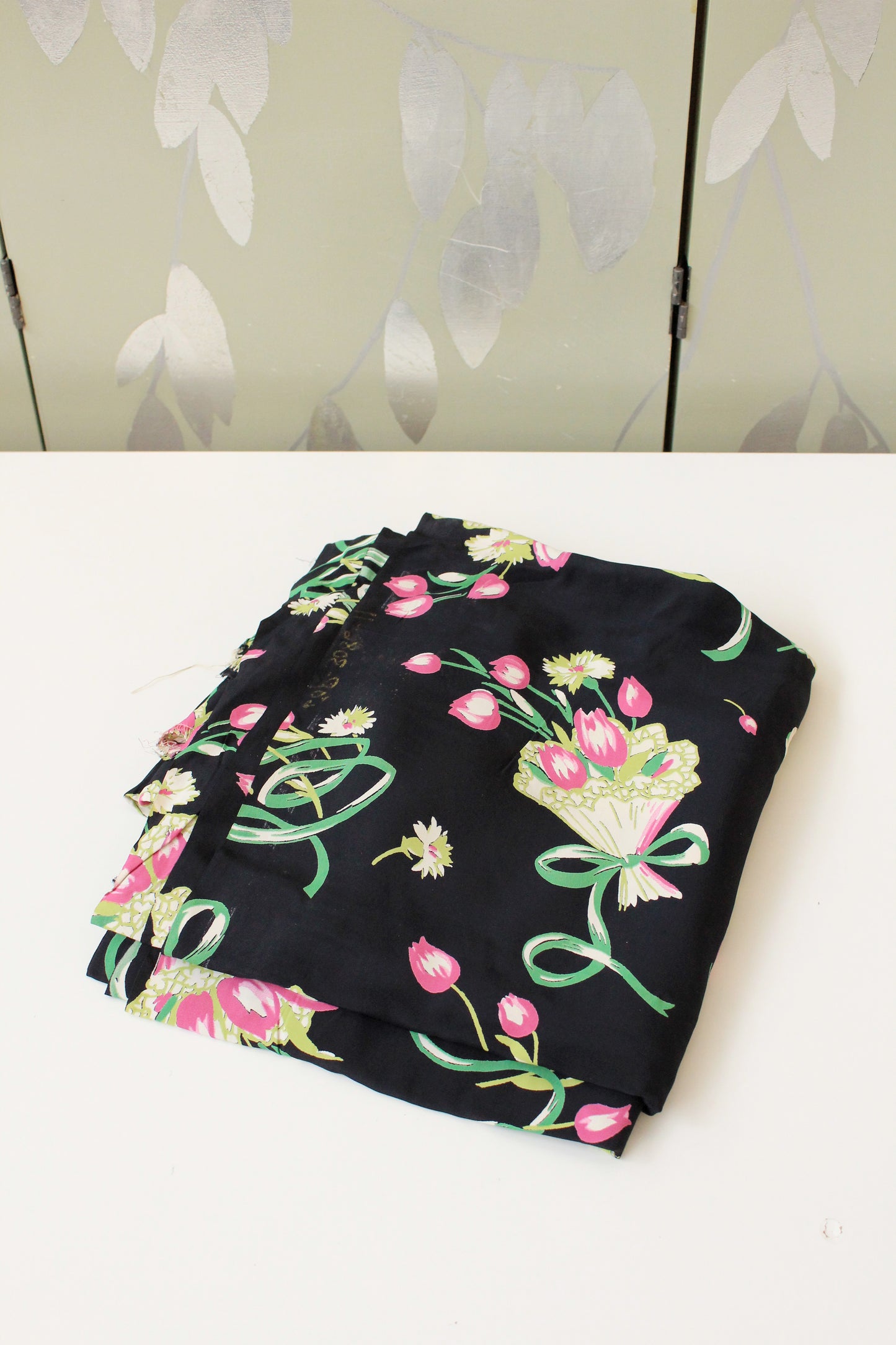 1940s Black Rayon Fabric With Pink And Green Tulip Bouquets, 5.5 Yards