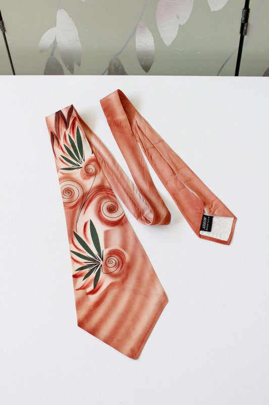 Vintage 1950s Orange Rayon Tie With Green Leaves, Made In The USA