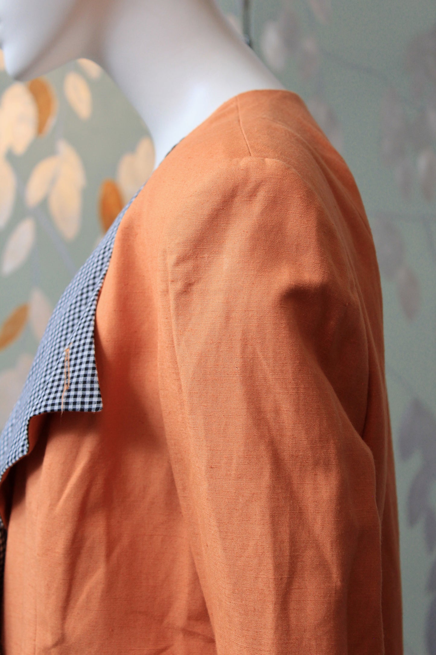 1980s Orange With Black And White Gingham Lapel Blazer With Diagonal Closure, Large