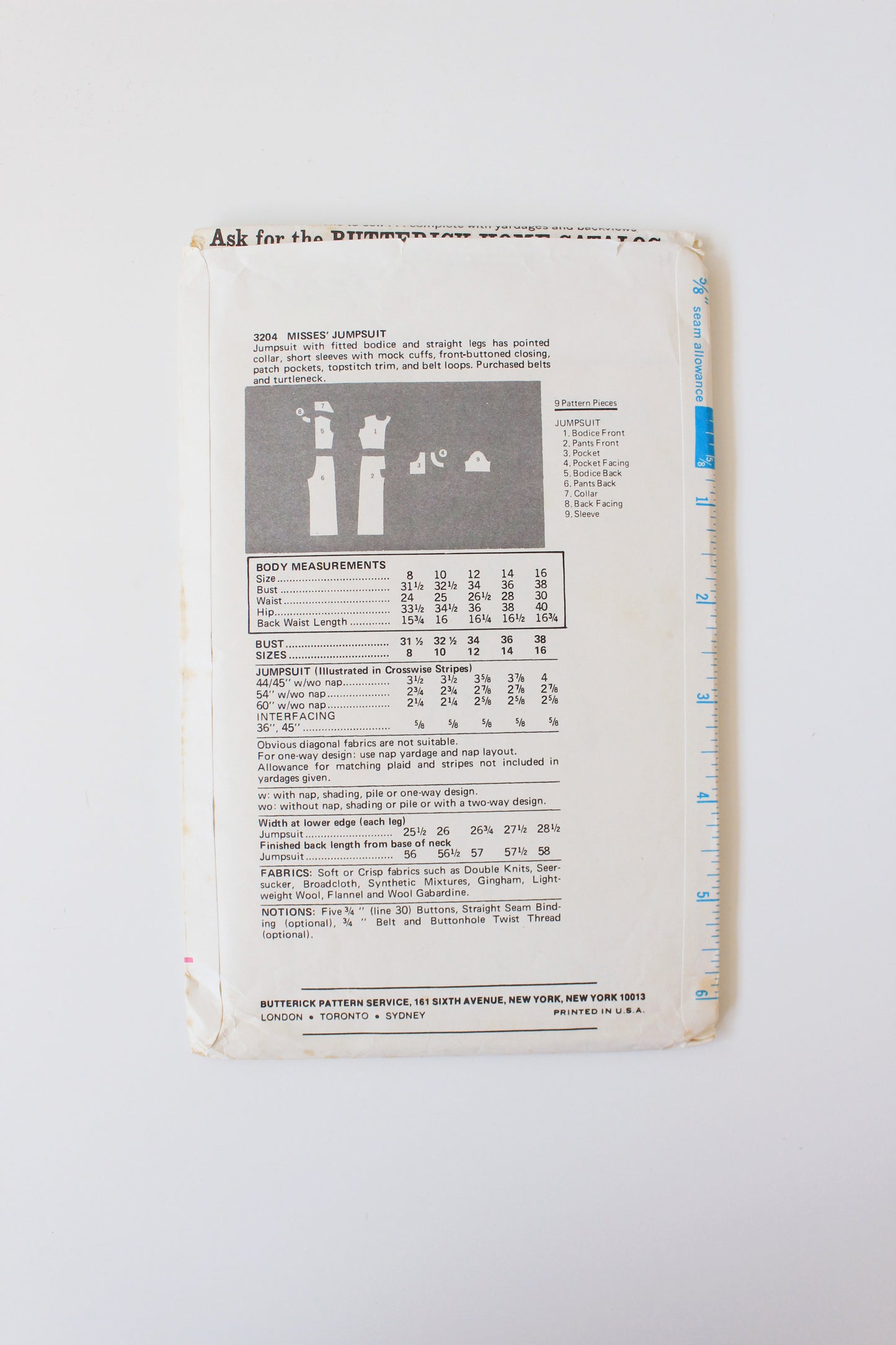 1970s Fitted Jumpsuit Butterick 3204 Sewing Pattern, Cut, 12