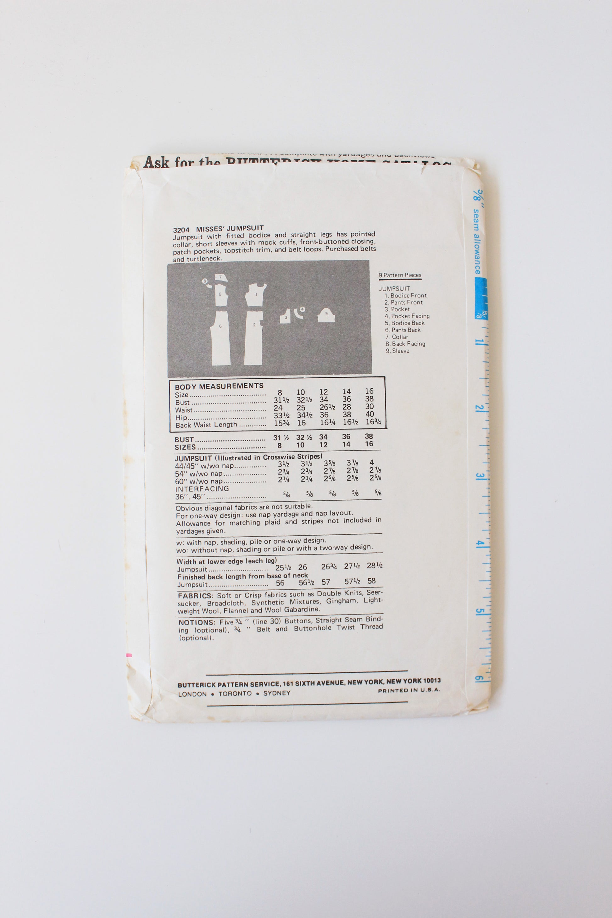 1970s Fitted Jumpsuit Butterick 3204 Sewing Pattern, Cut, 12