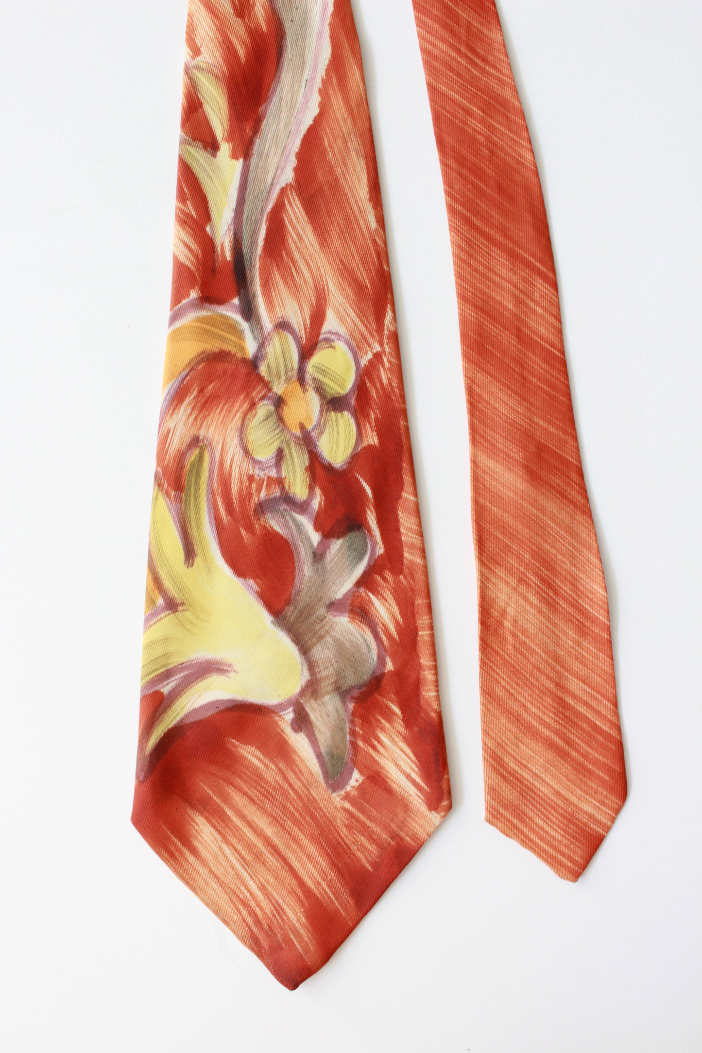 Vintage 1940s Mid Century Hand Painted Orange Tie With Yellow Flowers