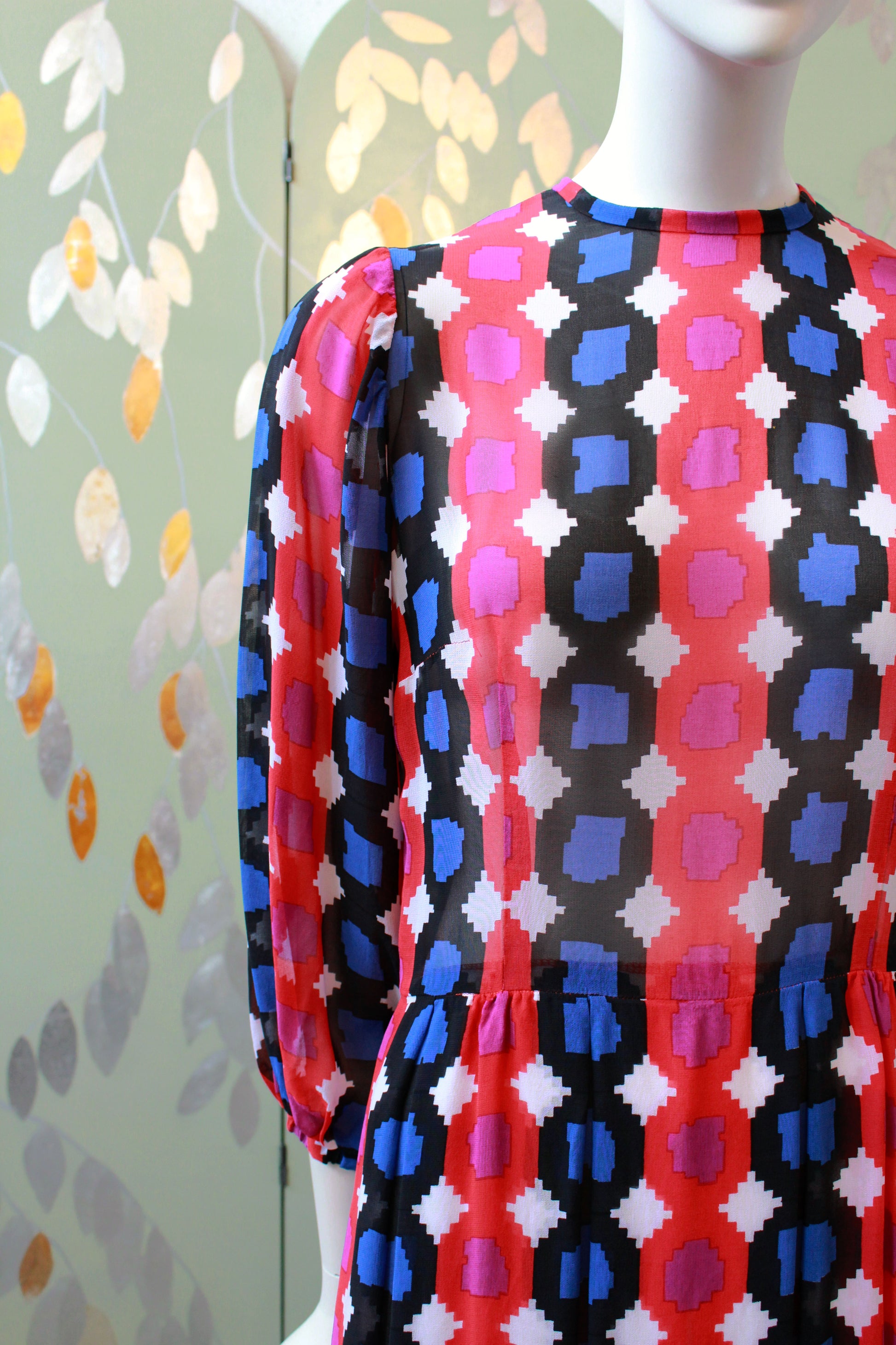 Vintage 1970s Chiffon Circle Print Tunic Party Dress, XS Vintage 1970s Chiffon Circle Print Tunic Party Dress, XS
