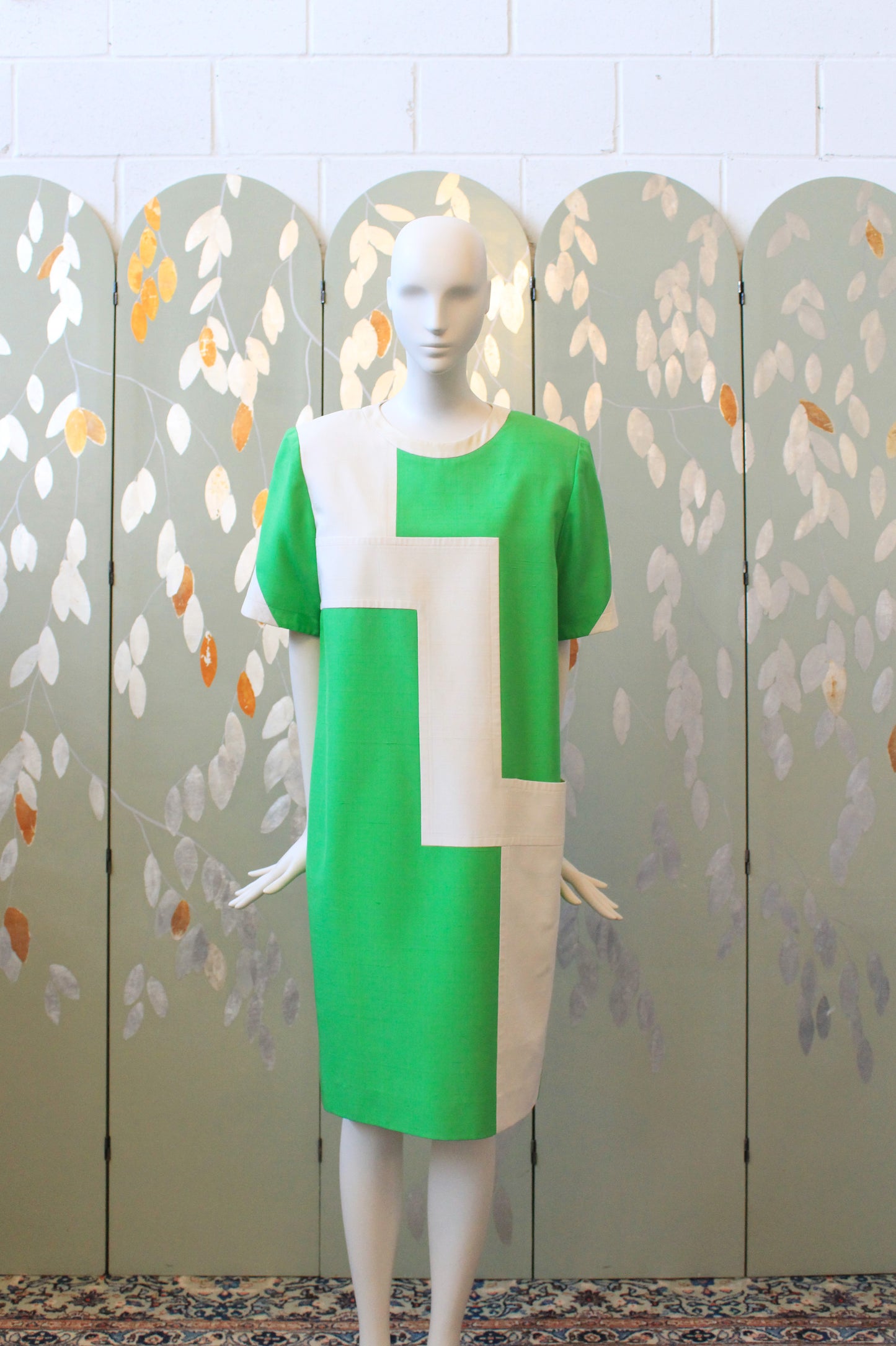 1980s does 1960s Graphic Green And White Mod Dress, Medium