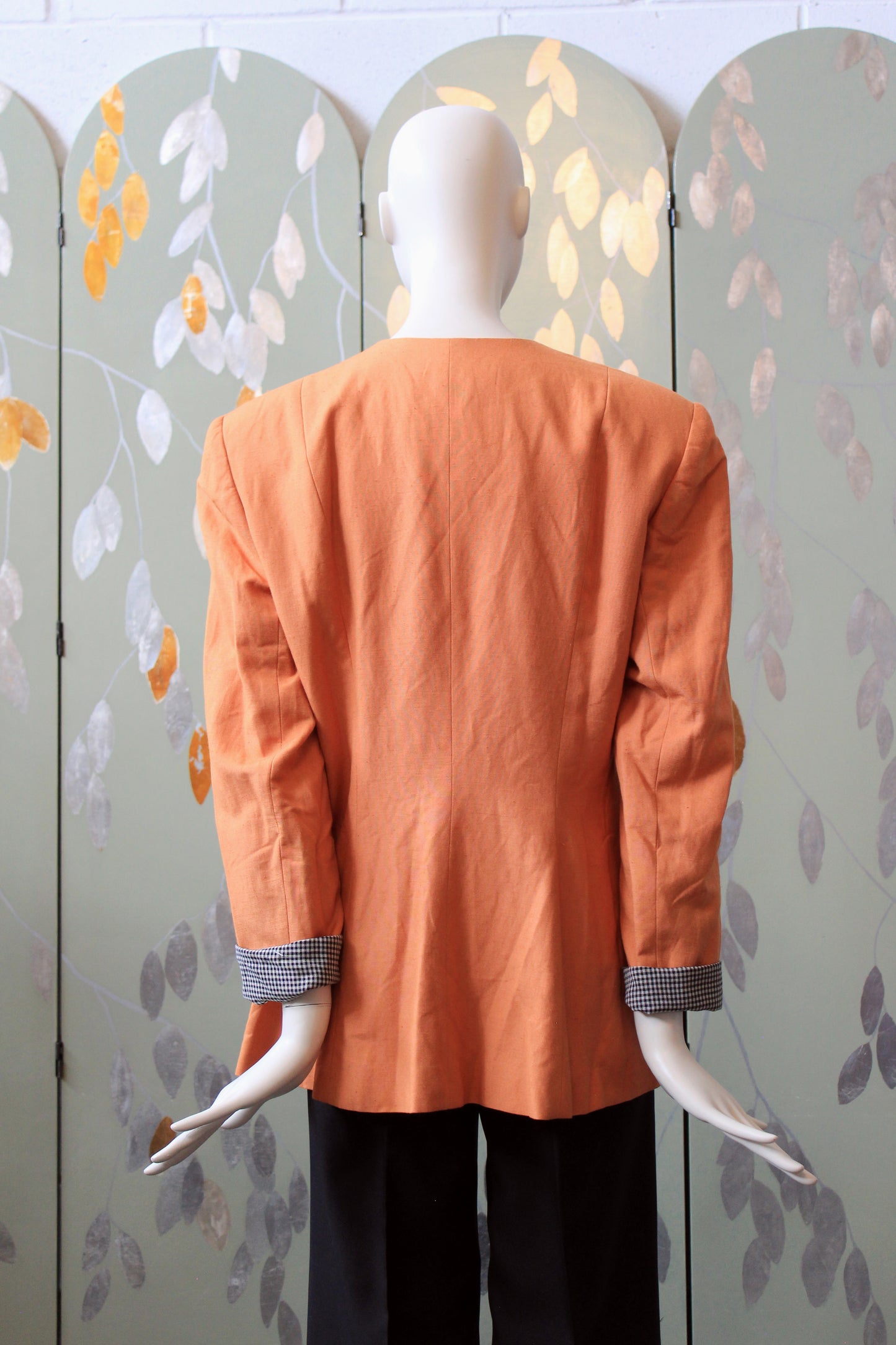 1980s Orange With Black And White Gingham Lapel Blazer With Diagonal Closure, Large