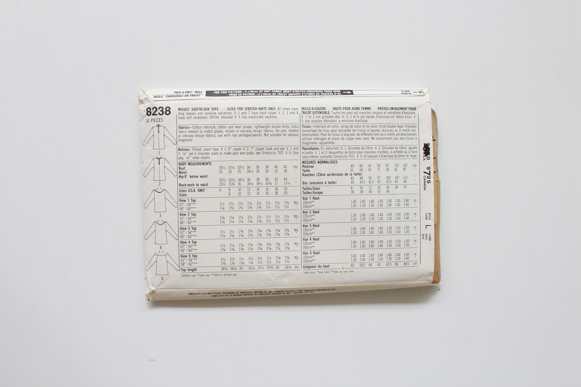 1980s Easy Beginner Stretch Top Simplicity 8238 Sewing Pattern, Mostly Uncut Size 10-16