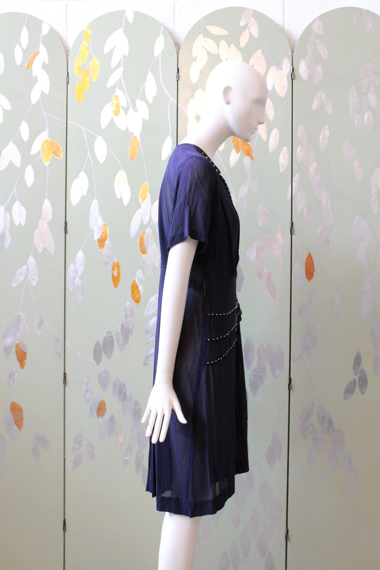 1940s Navy Blue Sheer Net Dress With Bow And Round Studs, Medium