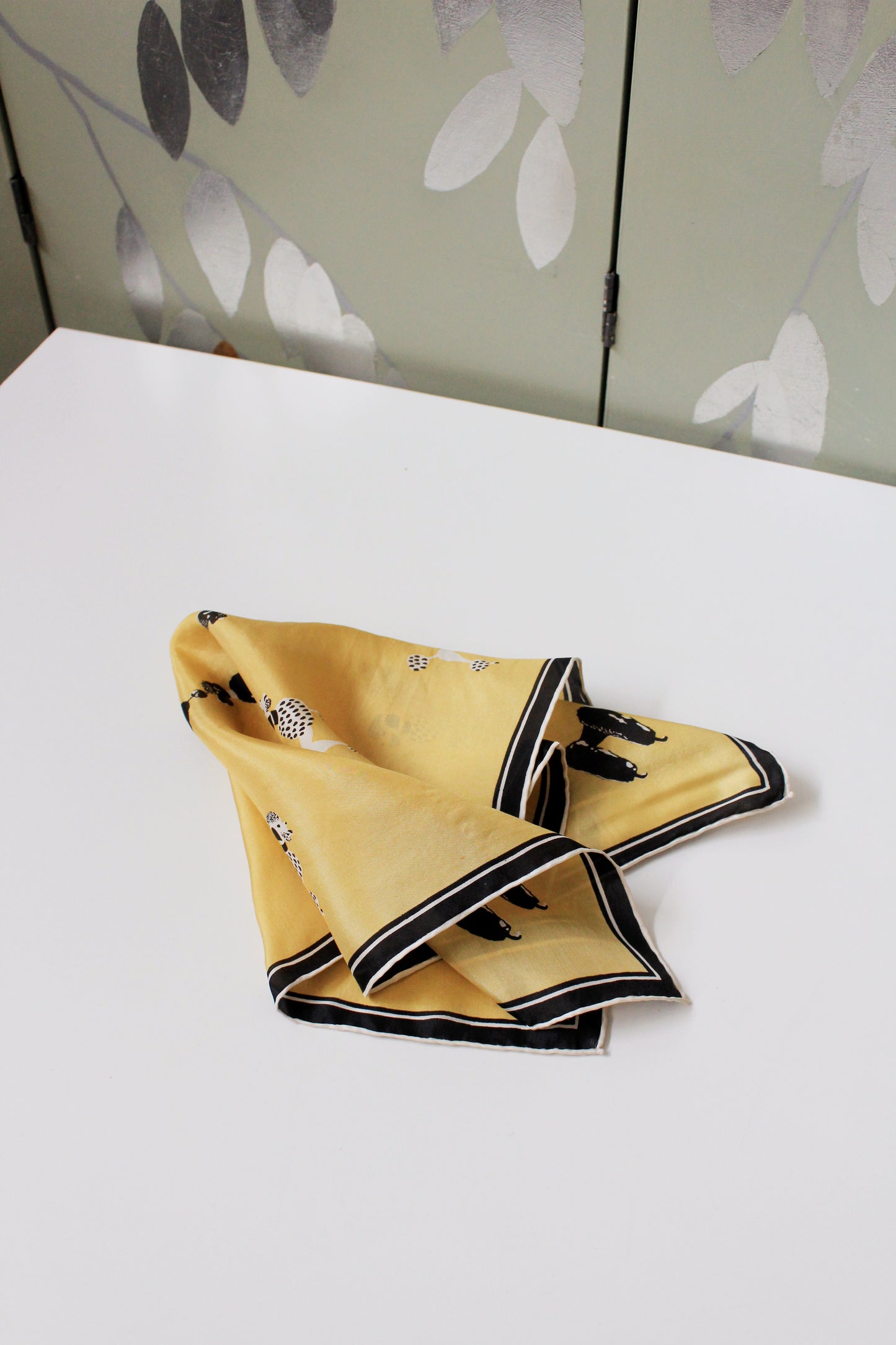 1960s Yellow Black And White Poodle Silk Pocket Square