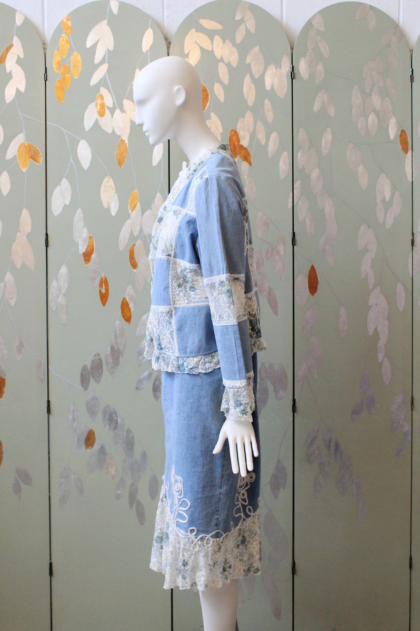 Early 2000s Denim and White Lace Skirt Matching Set, Medium 