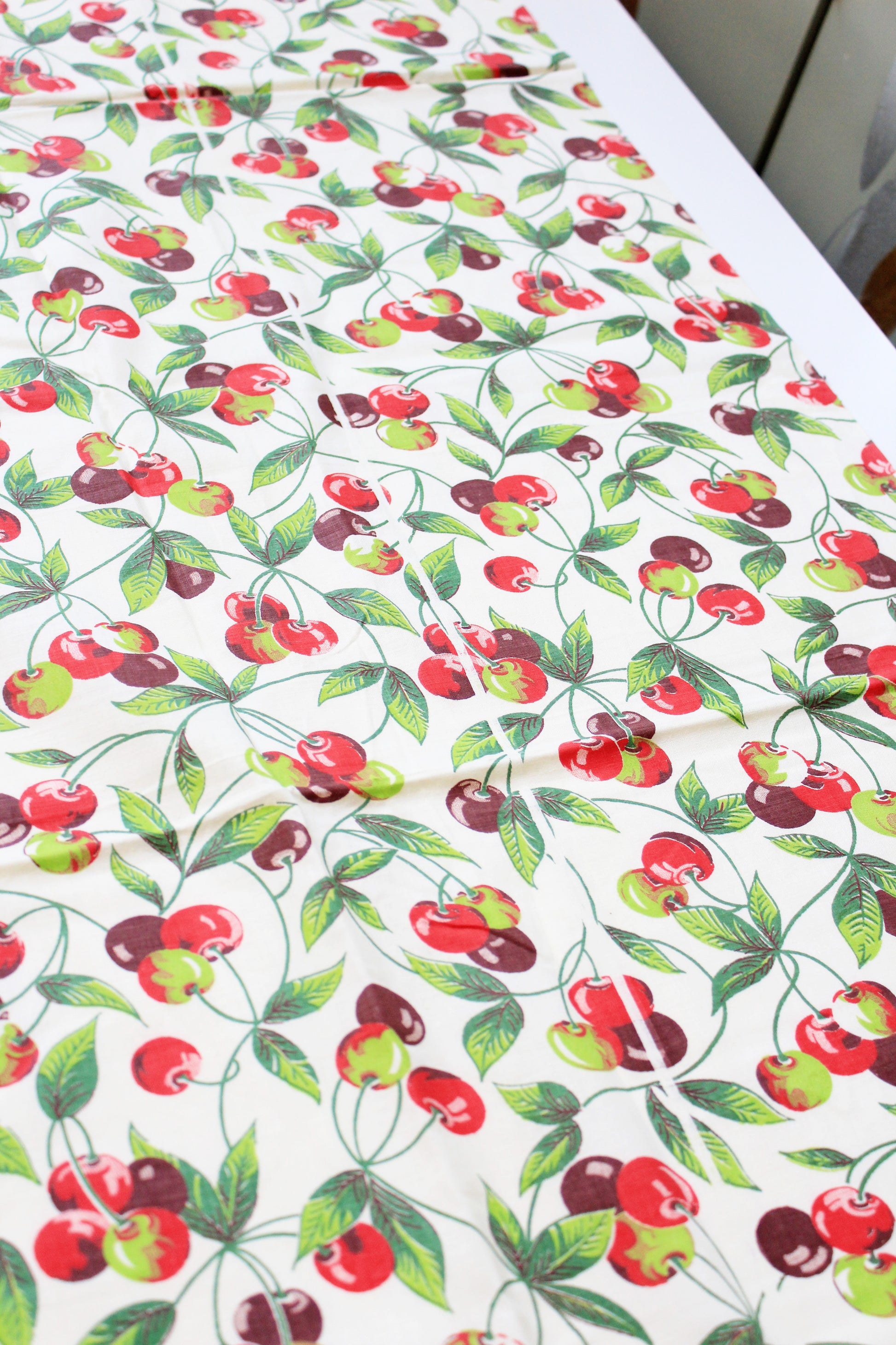 1950s Novelty Red And Burgundy Cherry Fruit Print Cotton Vintage Fabric, 5.1 Yards