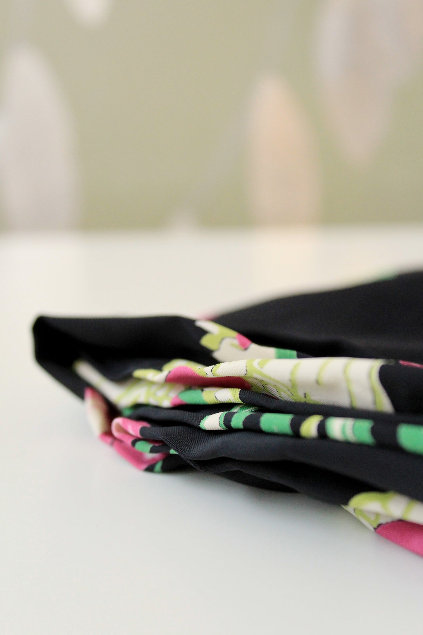 1940s Black Rayon Fabric With Pink And Green Tulip Bouquets, 5.5 Yards