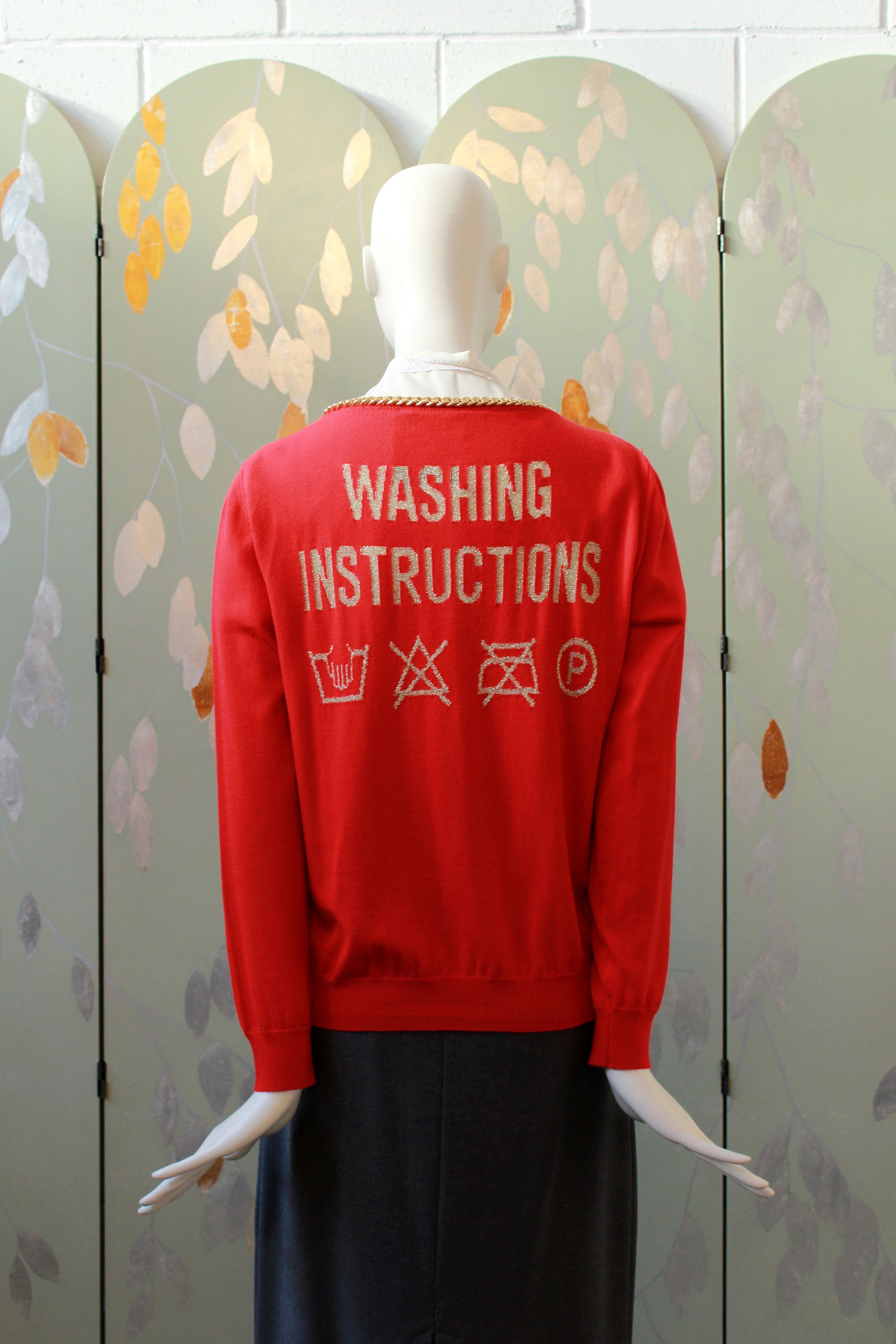 Moschino Red And Gold "Washing Instructions" Cardigan With Gold Charms, Medium