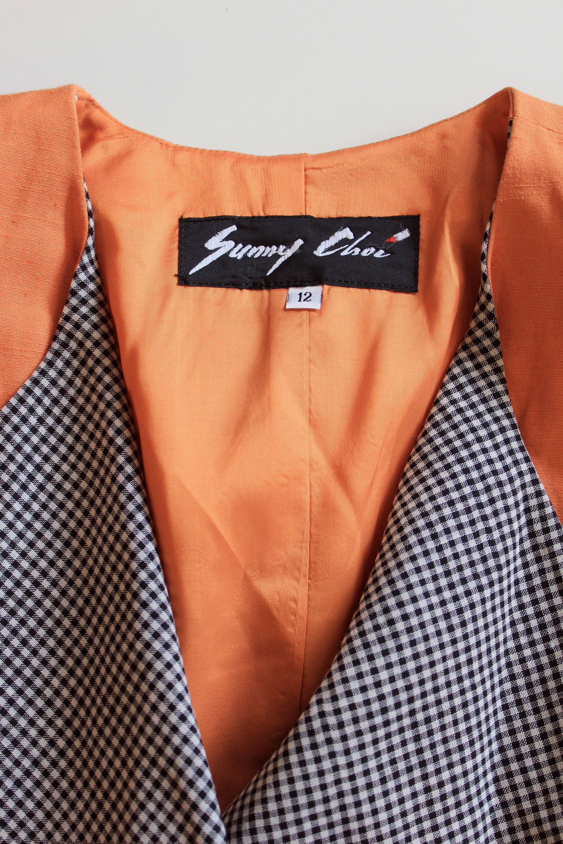 1980s Orange With Black And White Gingham Lapel Blazer With Diagonal Closure, Large
