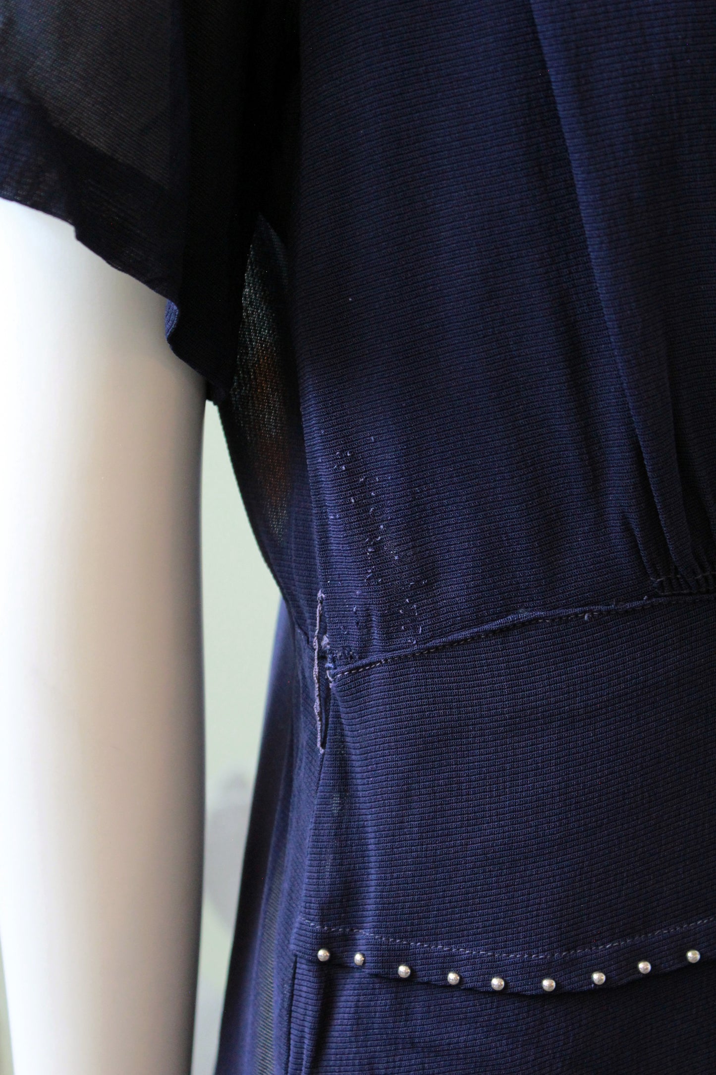 1940s Navy Blue Sheer Net Dress With Bow And Round Studs, Medium