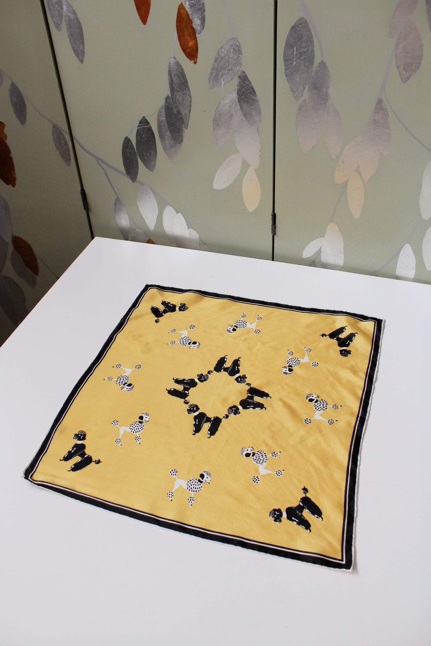 1960s Yellow Black And White Poodle Silk Pocket Square