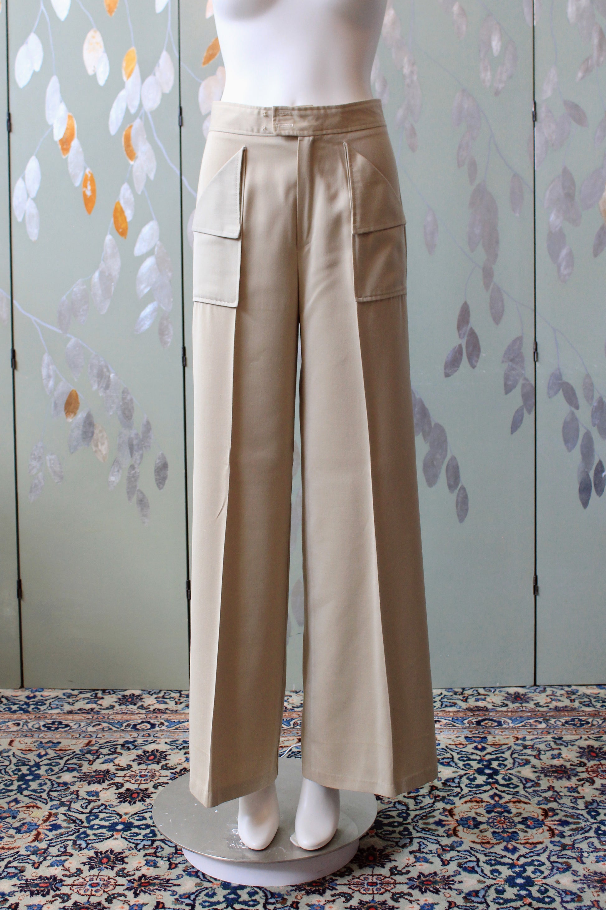1970s Beige Wide Leg Pants With Large Pockets, XS