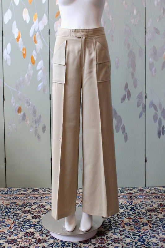 1970s Beige Wide Leg Pants With Large Pockets, XS
