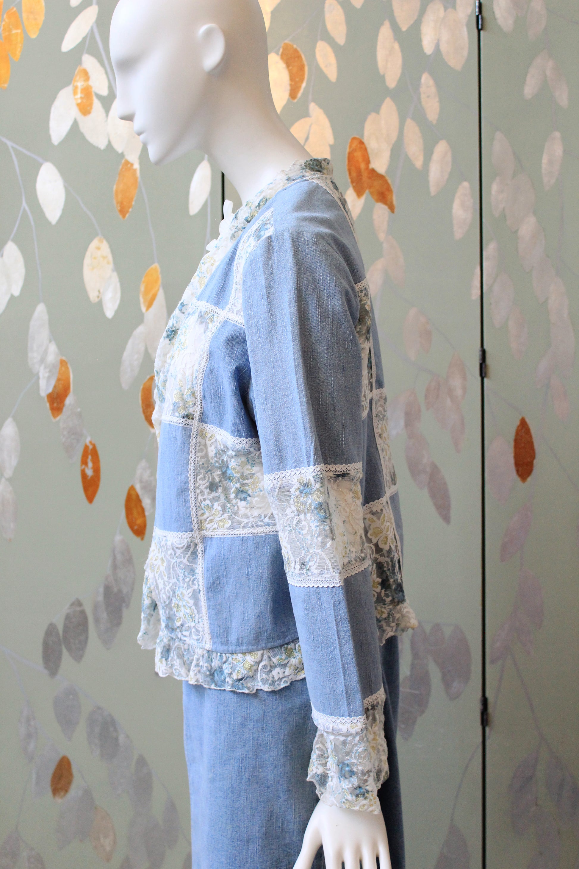 Early 2000s Denim and White Lace Skirt Matching Set, Medium 