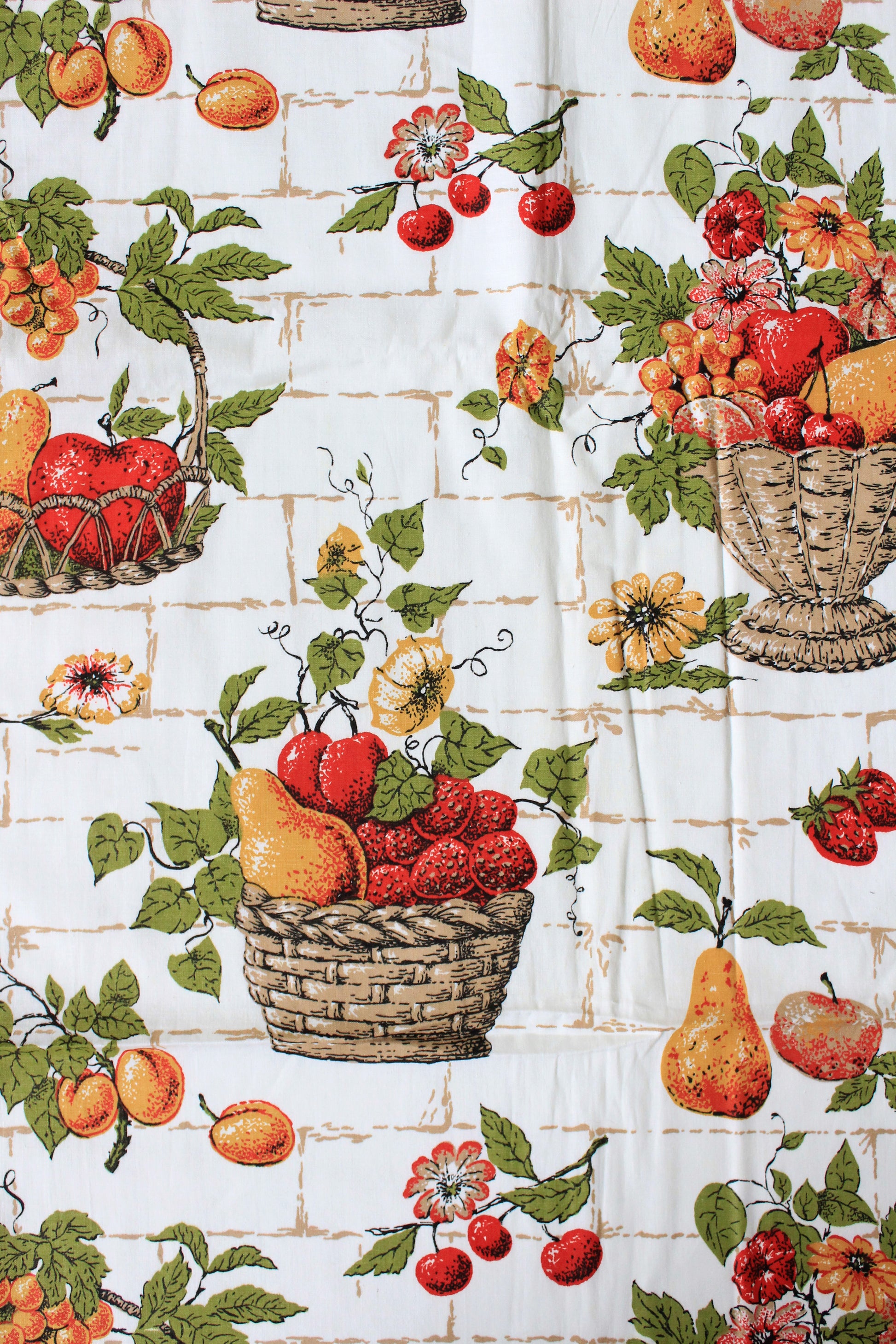 1960s White, Red and Brown Fruit Basket Cotton Sewing Fabric, 2 Yards