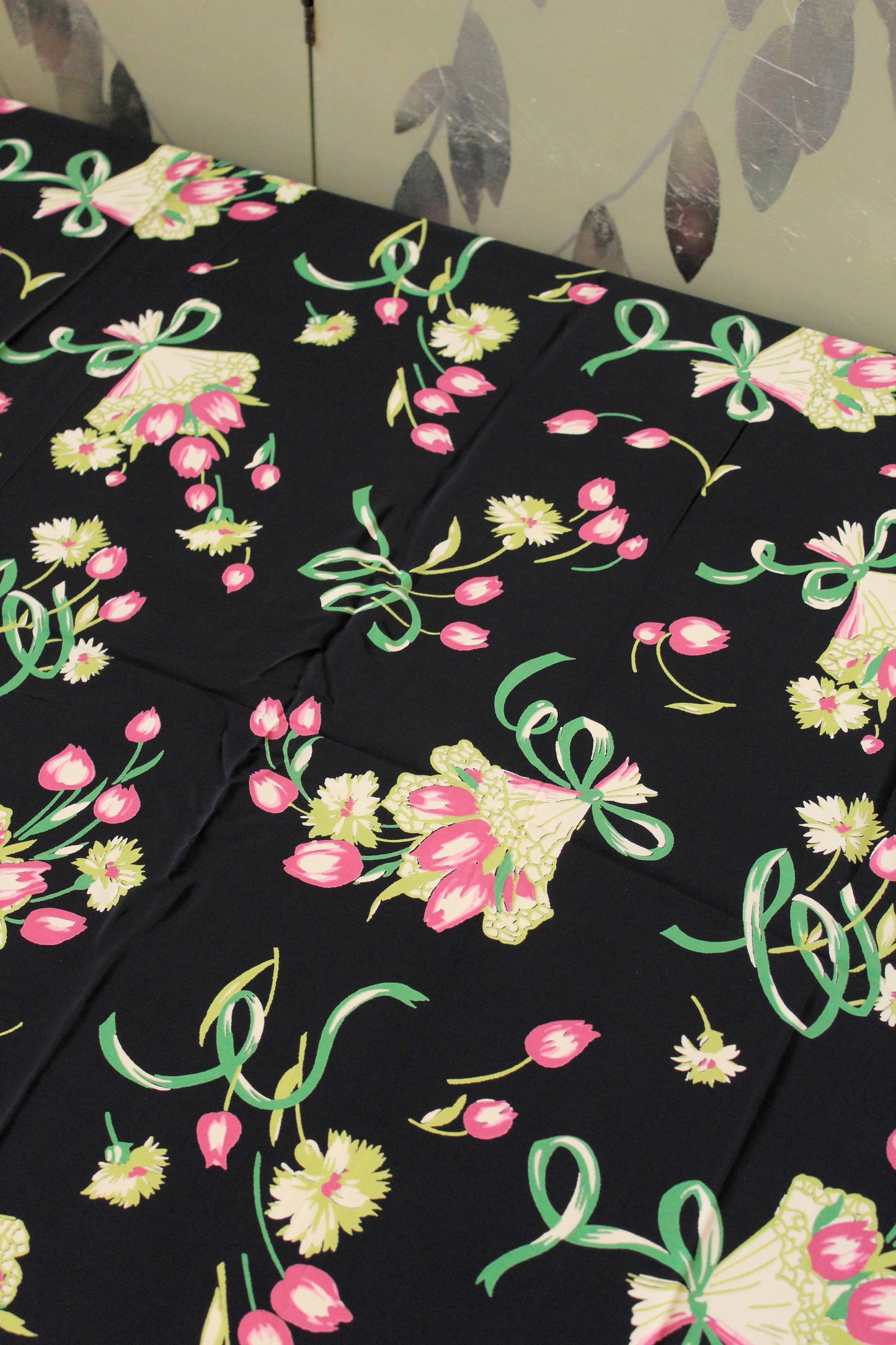 1940s Black Rayon Fabric With Pink And Green Tulip Bouquets, 5.5 Yards