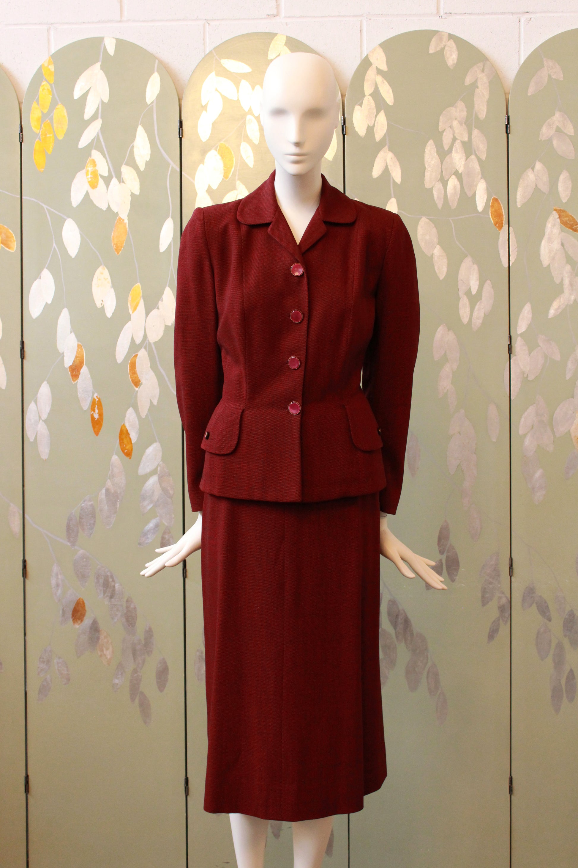 Vintage 1950s Fitted Deep Red Skirt Suit Set, Fall Suit XS