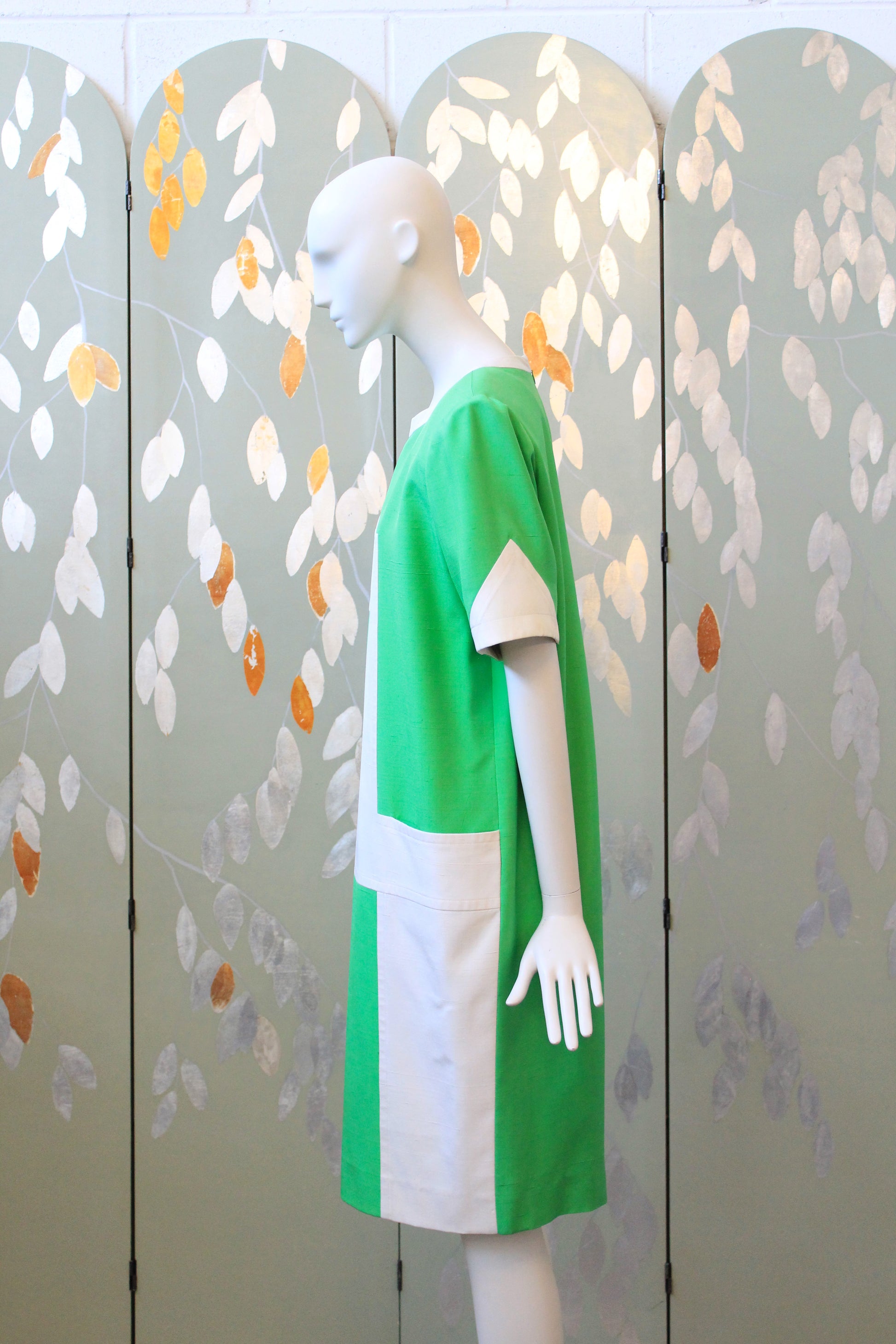 1980s does 1960s Graphic Green And White Mod Dress, Medium