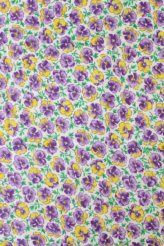1940s Purple And Yellow Ditsy Illustrated Flower Cotton Fabric, 3.5 Yards