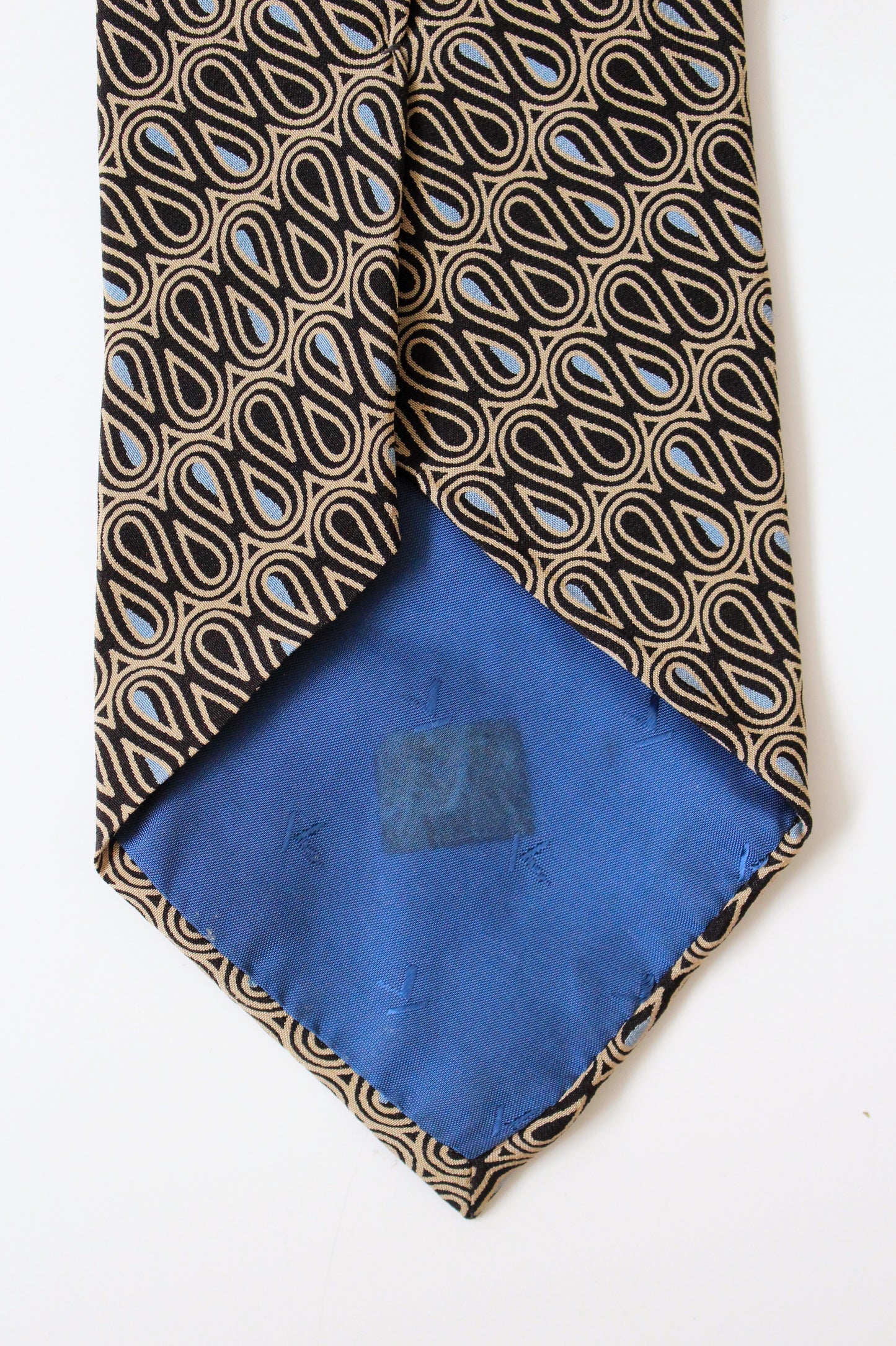 1990s Krizia Beige/Black/Blue Swirl Pattern Silk Designer Tie