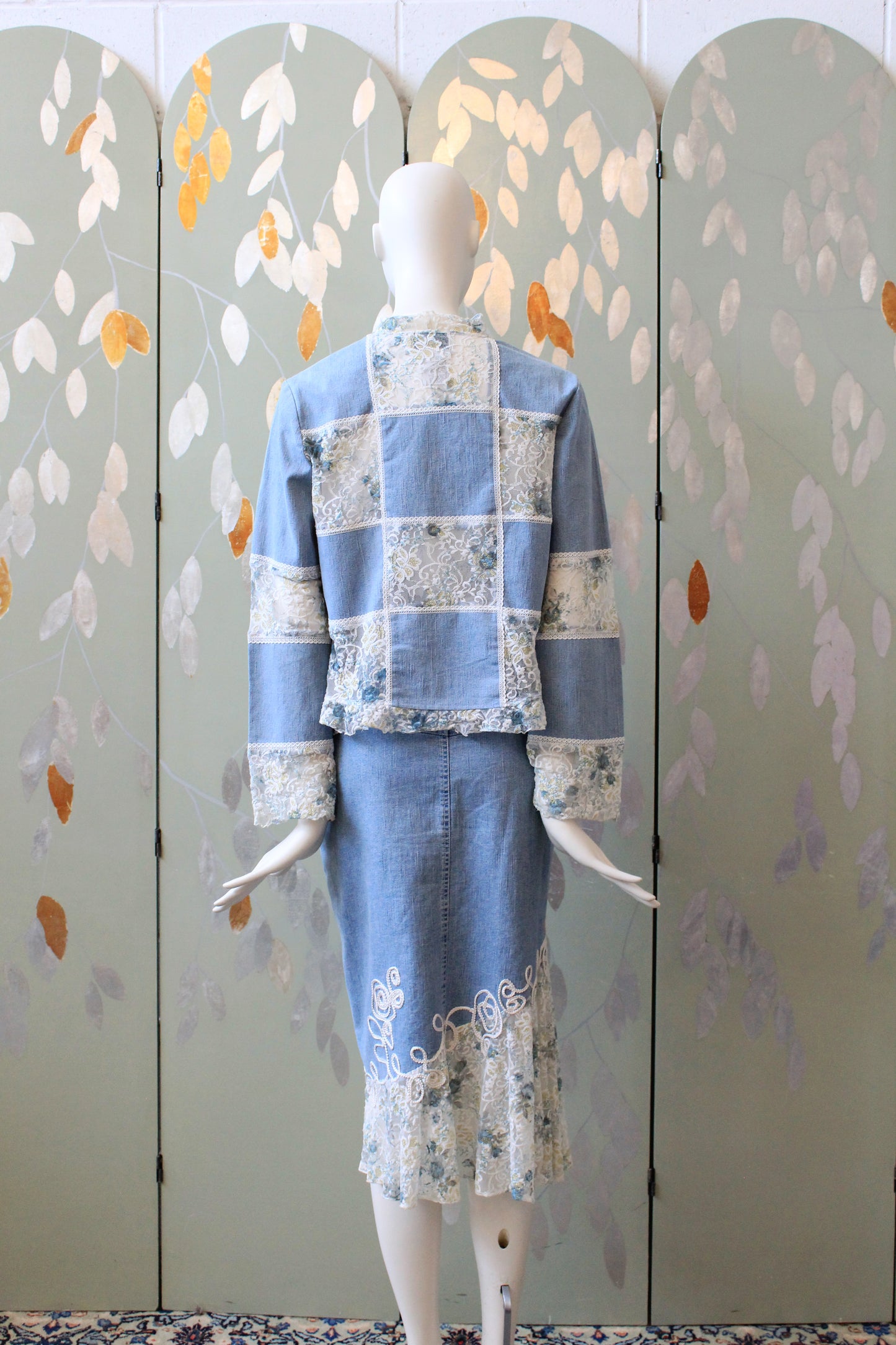 Early 2000s Denim and White Lace Skirt Matching Set, Medium 
