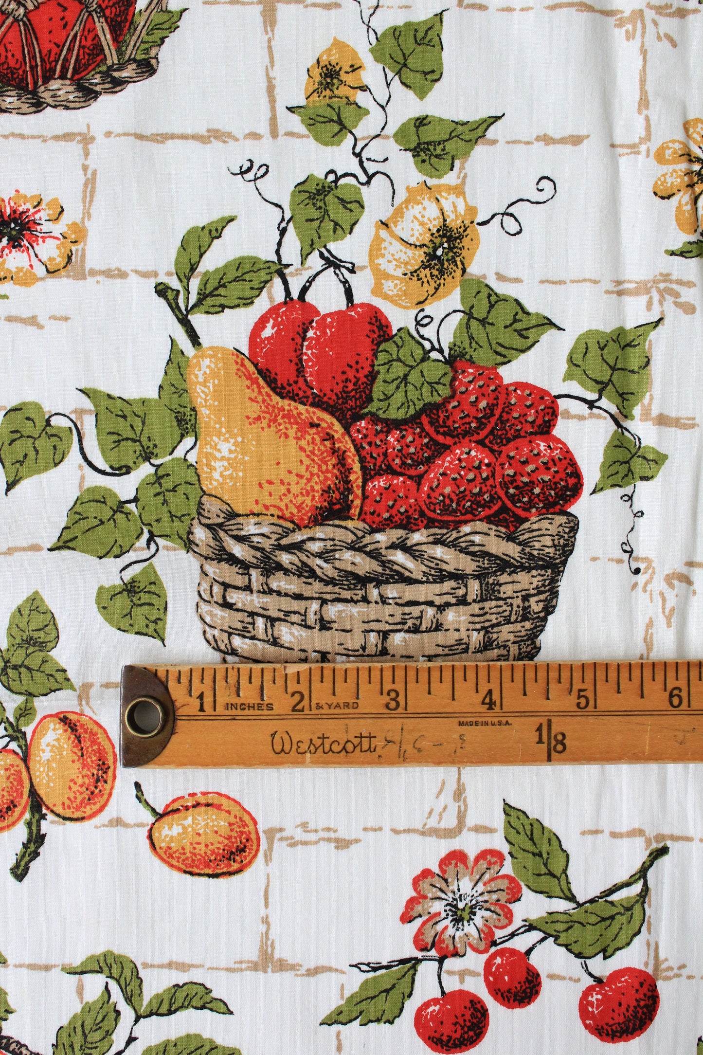1960s White, Red and Brown Fruit Basket Cotton Sewing Fabric, 2 Yards