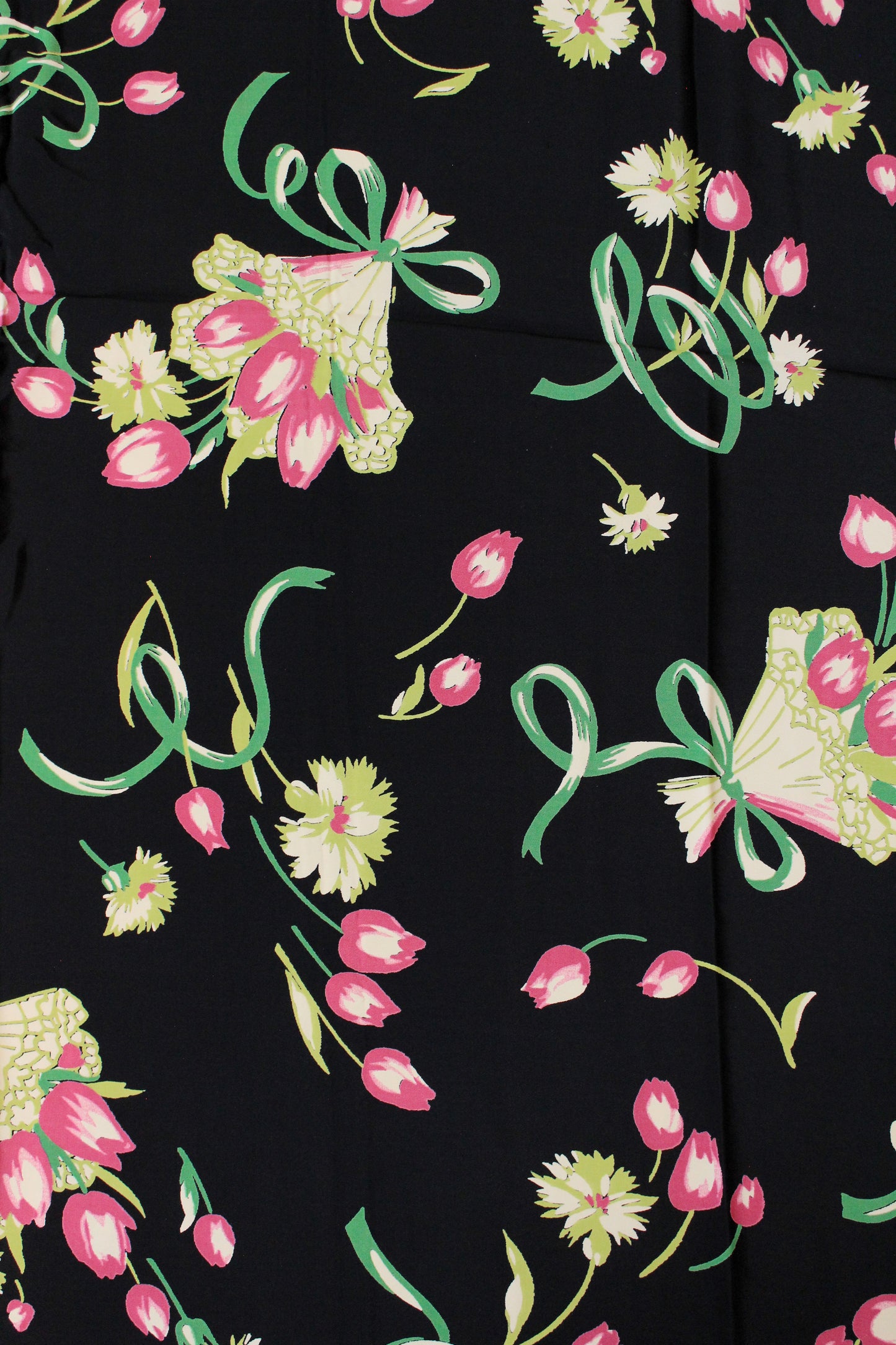 1940s Black Rayon Fabric With Pink And Green Tulip Bouquets, 5.5 Yards