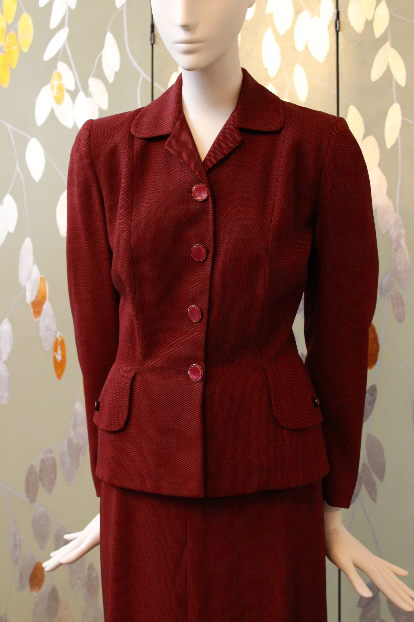 Vintage 1950s Fitted Deep Red Skirt Suit Set, Fall Suit XS