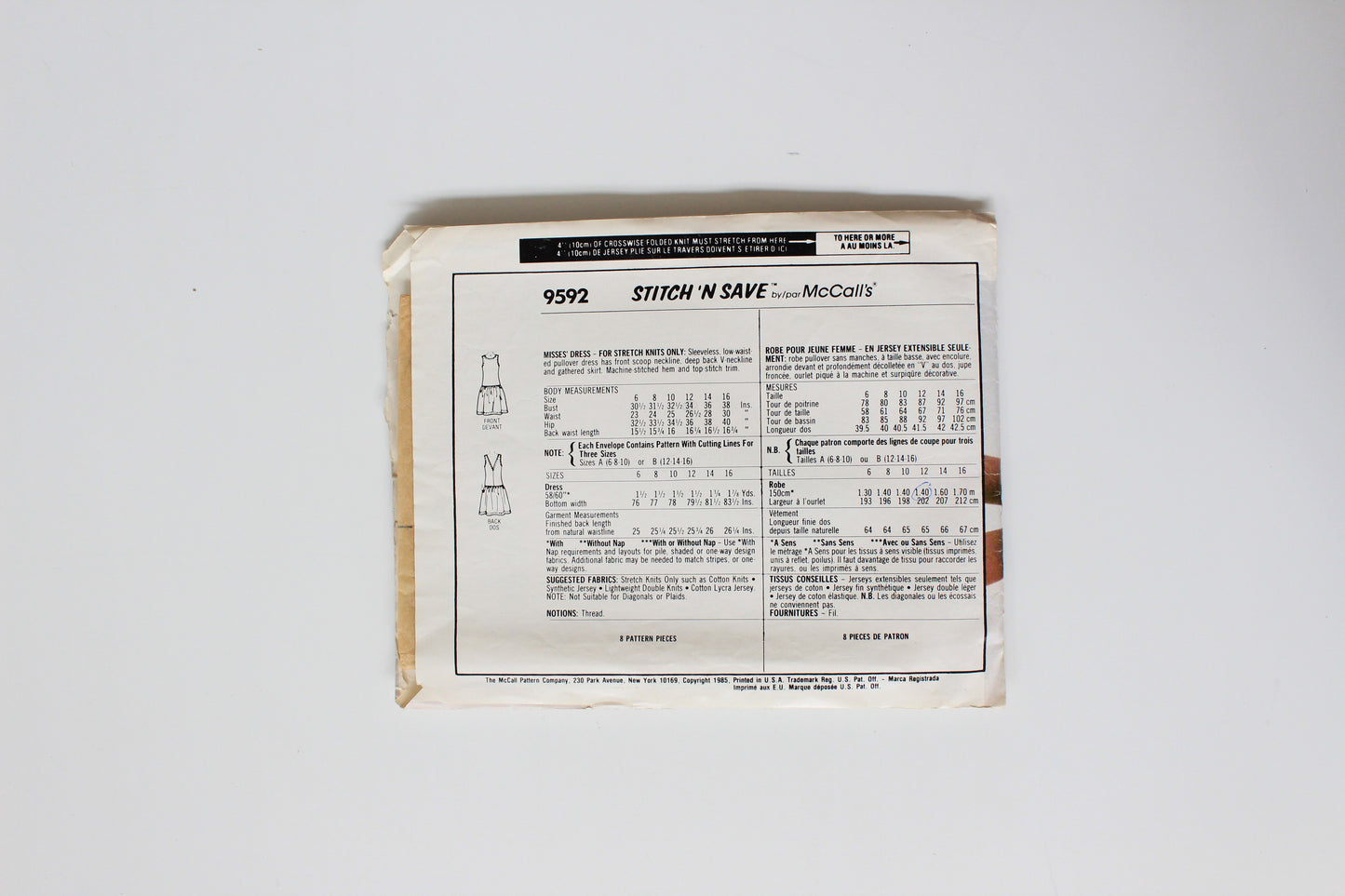 1980s Slight Drop Waist Dress For Stretch Material McCalls 9692 Sewing Pattern, Stitch And Save , Cut - Complete Size 12-14-16