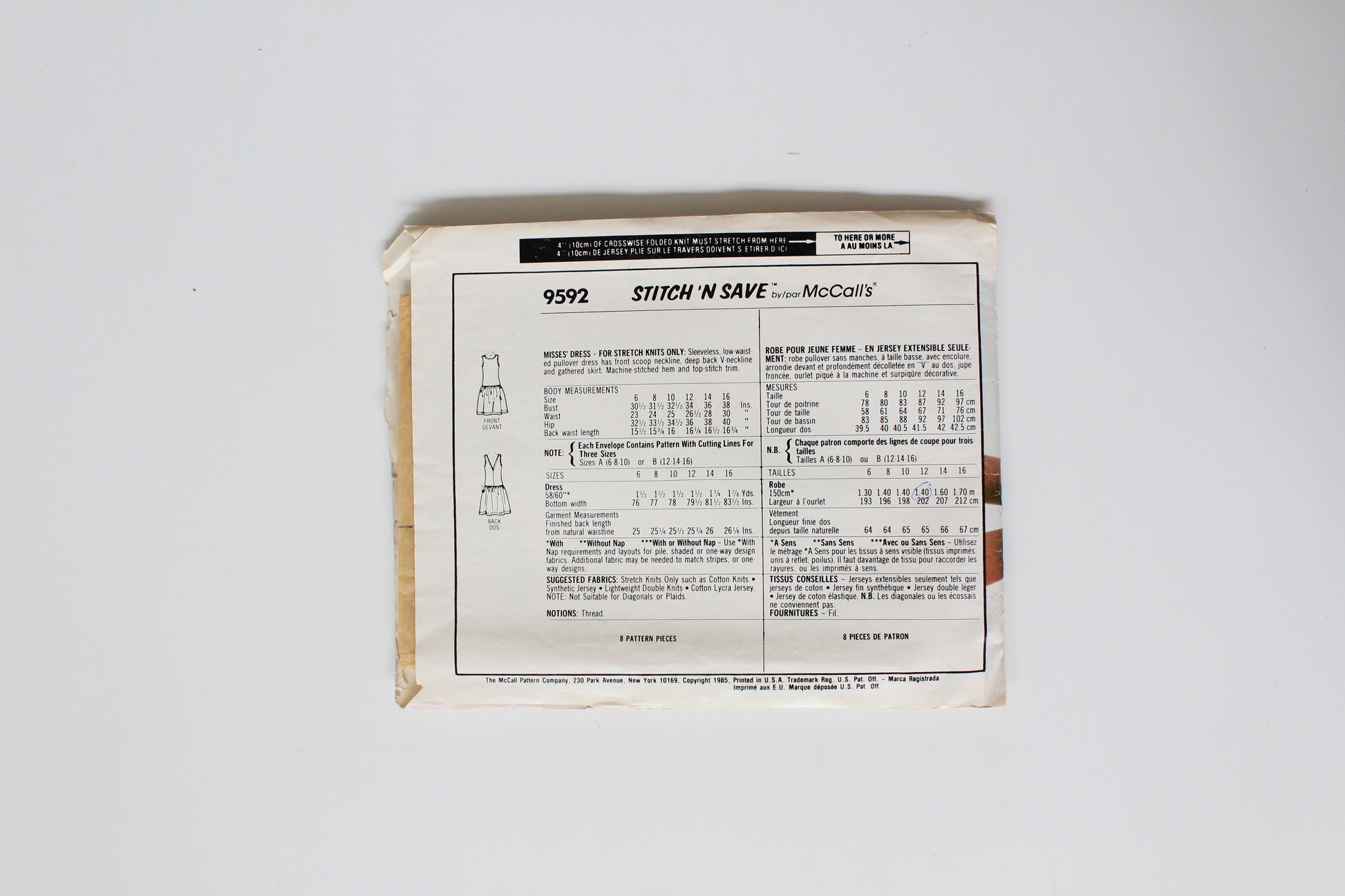 1980s Slight Drop Waist Dress For Stretch Material McCalls 9692 Sewing Pattern, Stitch And Save , Cut - Complete Size 12-14-16