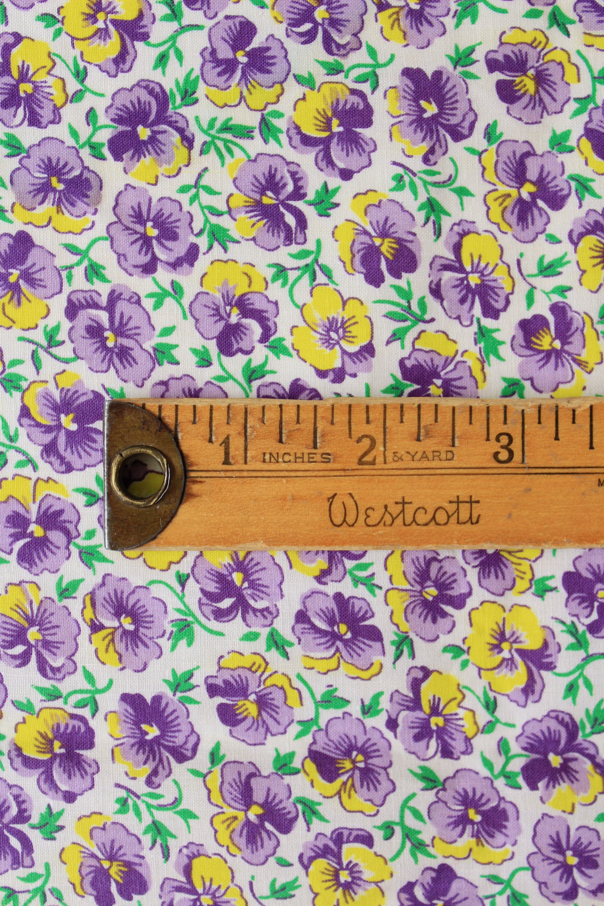 1940s Purple And Yellow Ditsy Illustrated Flower Cotton Fabric, 3.5 Yards