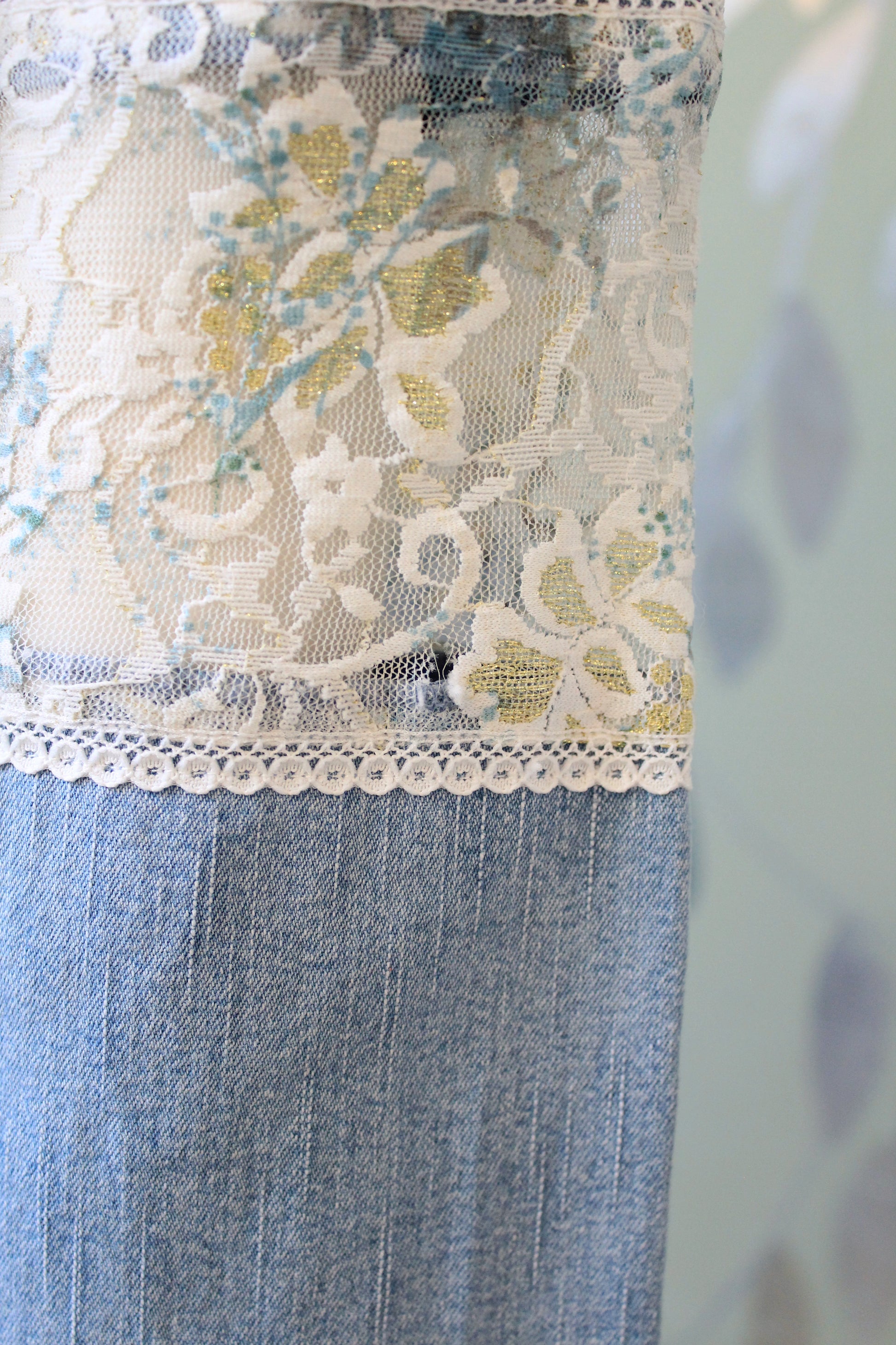 Early 2000s Denim and White Lace Skirt Matching Set, Medium 