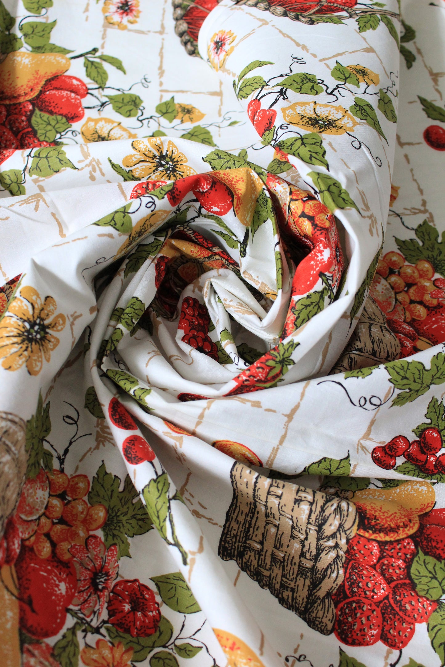 1960s White, Red and Brown Fruit Basket Cotton Sewing Fabric, 2 Yards