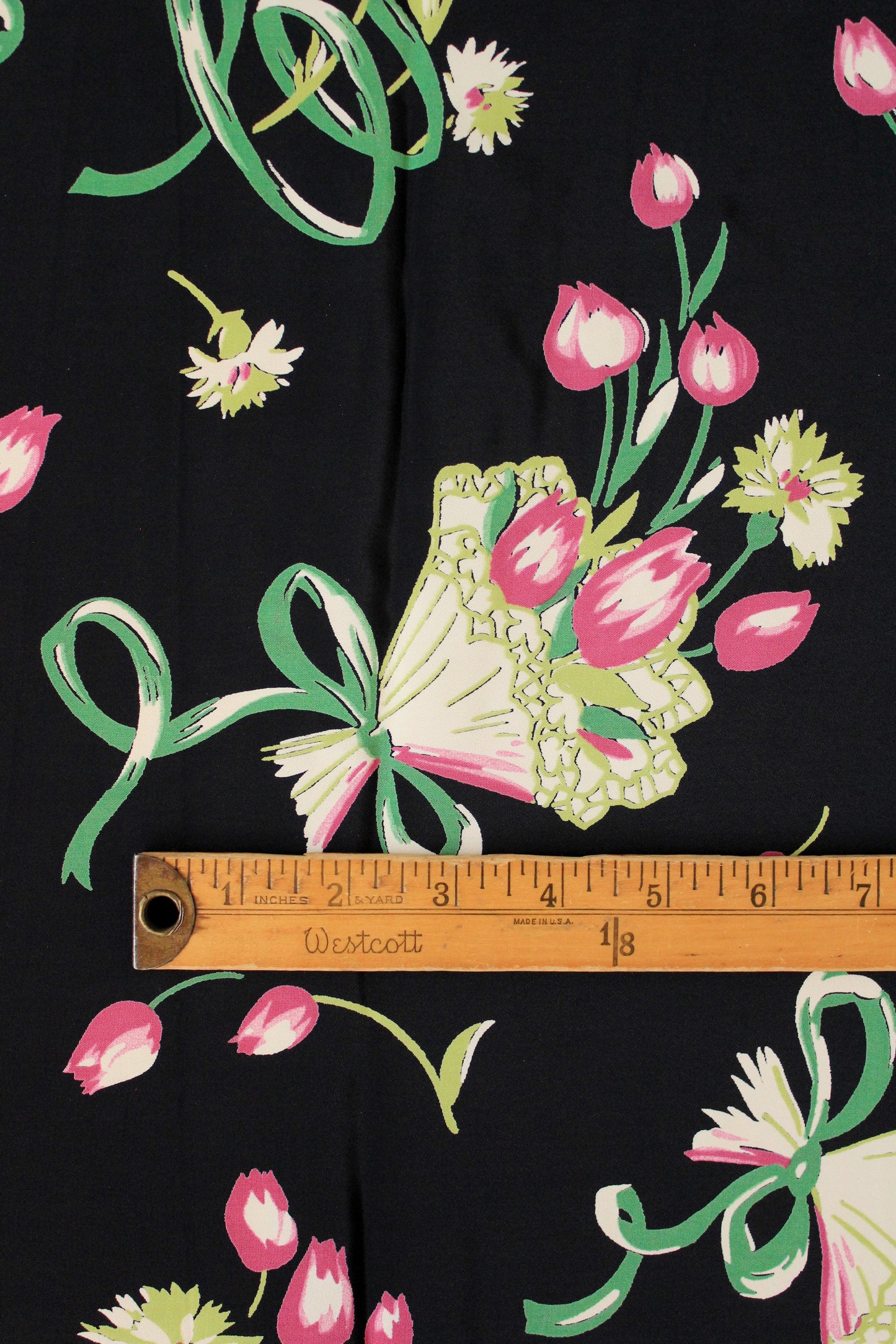 1940s Black Rayon Fabric With Pink And Green Tulip Bouquets, 5.5 Yards