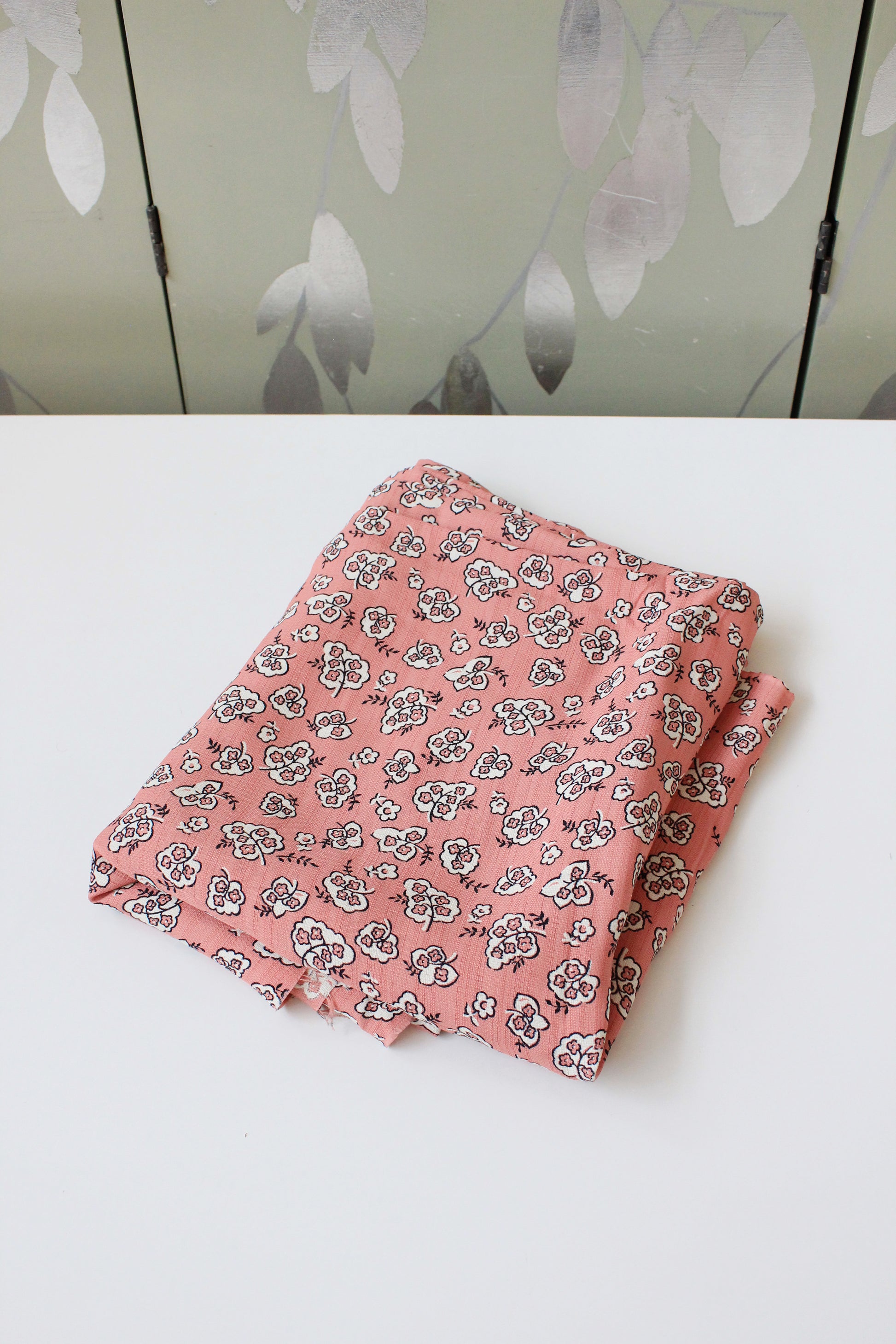 1940s Pink With White Illustrated Flowers Rayon Fabric, 3.3 Yards