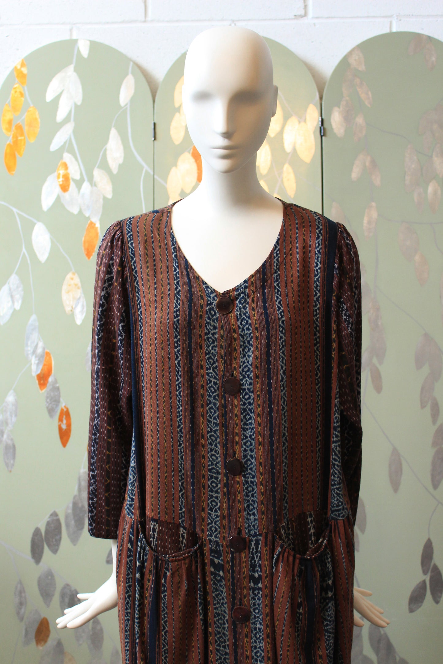 1990s Koochee Pattered Stripe Dress with Button Front, Small/Medium