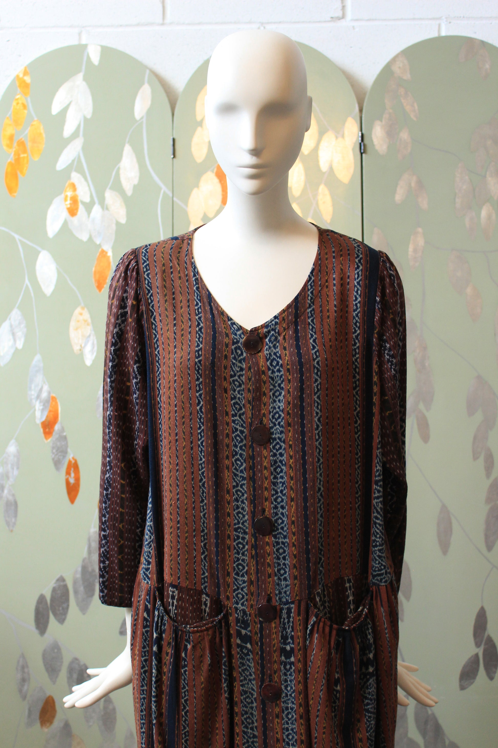 1990s Koochee Pattered Stripe Dress with Button Front, Small/Medium