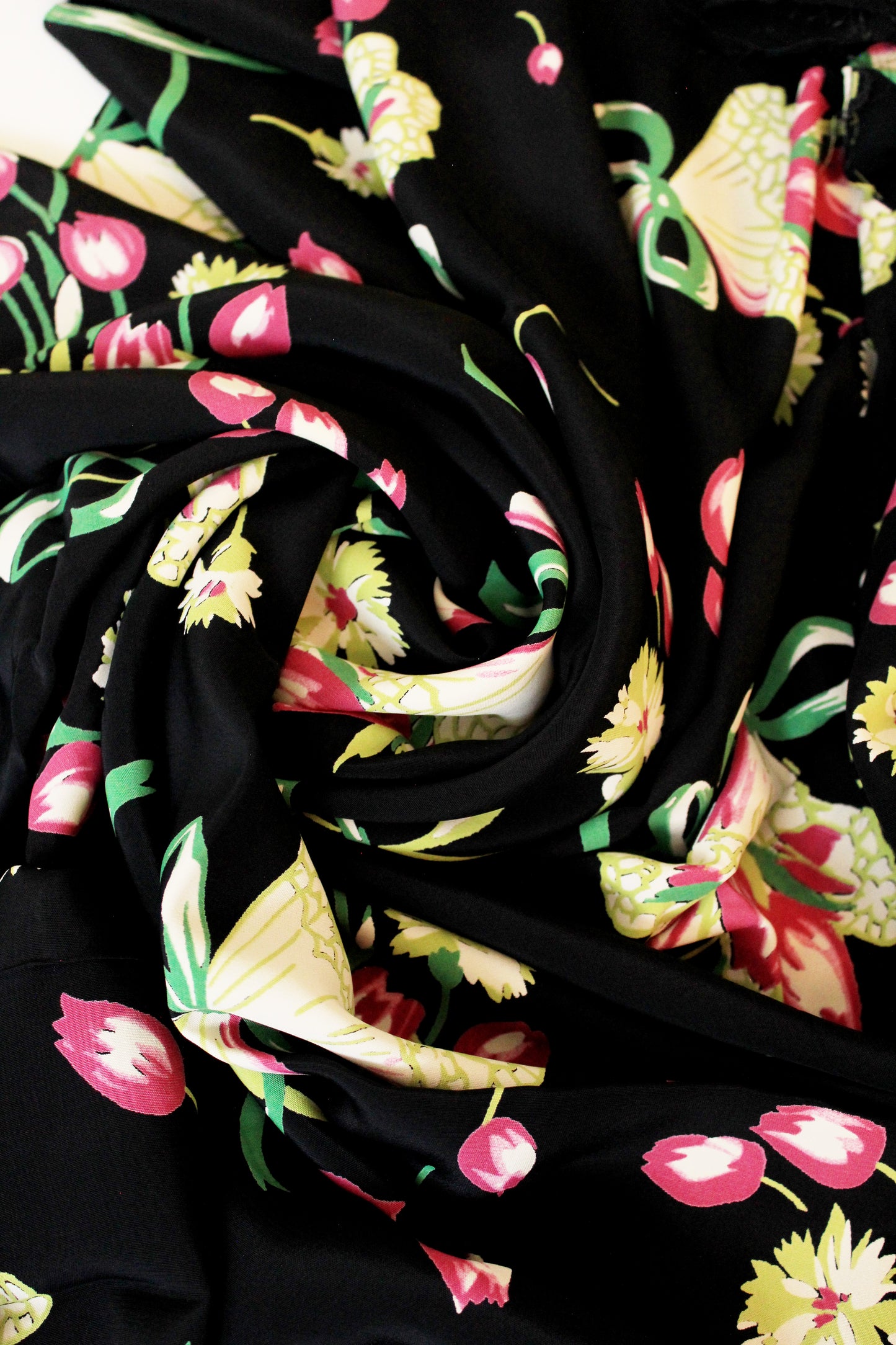 1940s Black Rayon Fabric With Pink And Green Tulip Bouquets, 5.5 Yards
