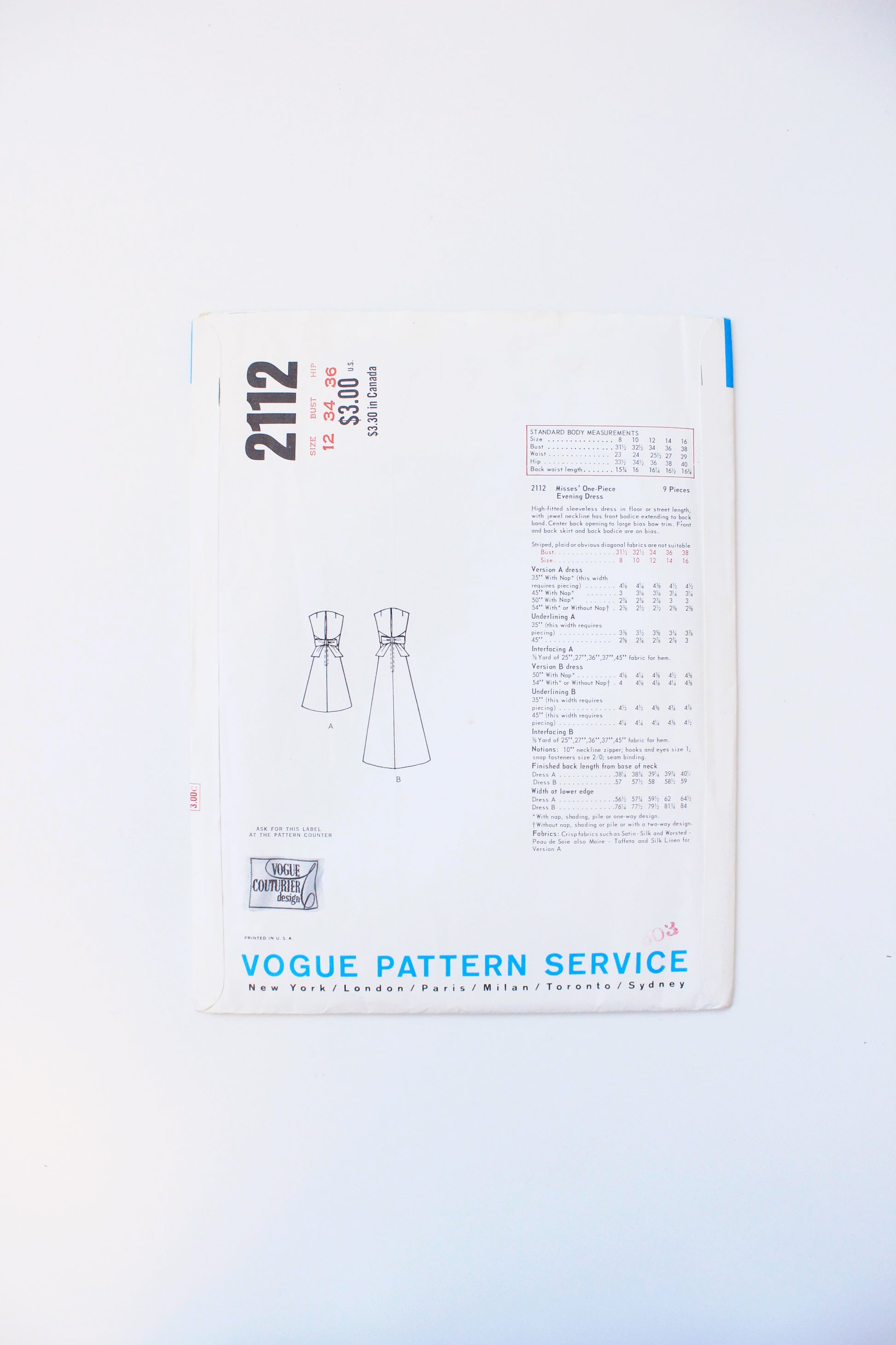 1960s One Piece Evening Dress With bow Vogue Couturier Design 2112 Sewing Pattern, Belinda Bellville, Uncut  Size 12